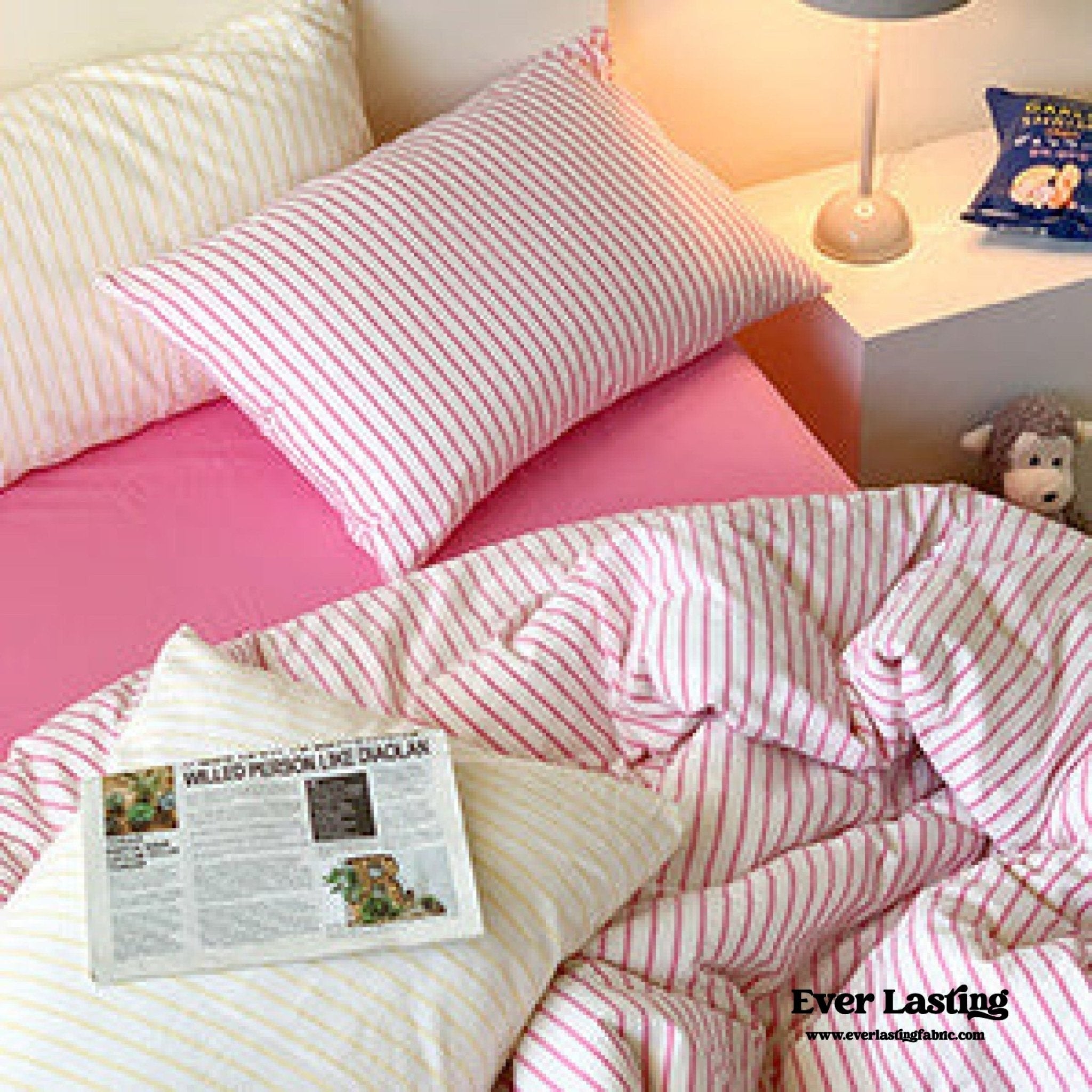 Candy Stripe Washed Cotton Bedding Set / Pink - Ever Lasting