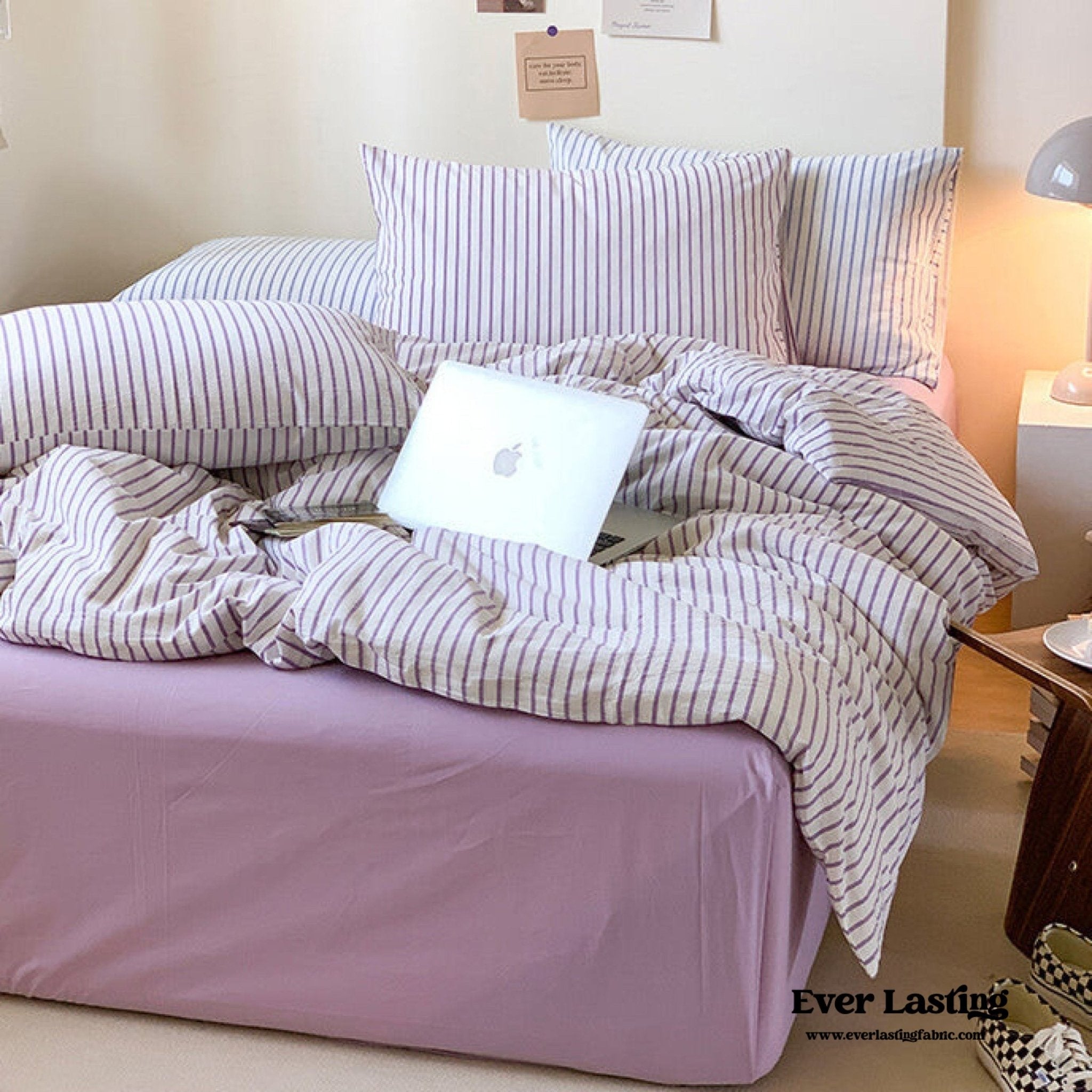 Candy Stripe Washed Cotton Bedding Set / Purple - Ever Lasting