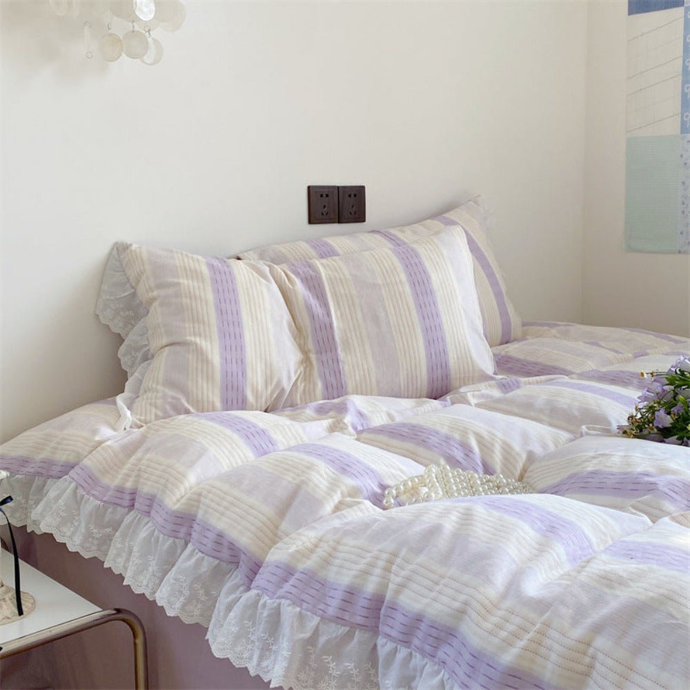 Cecilia Lace Ruffle Double Gauze Striped Bedding Set / Blue - Ever Lasting