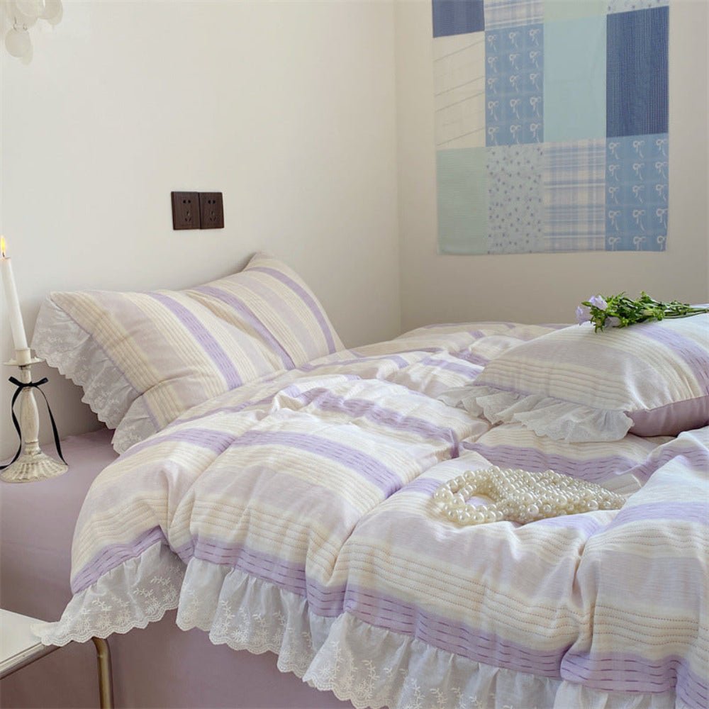 Cecilia Lace Ruffle Double Gauze Striped Bedding Set / Blue - Ever Lasting