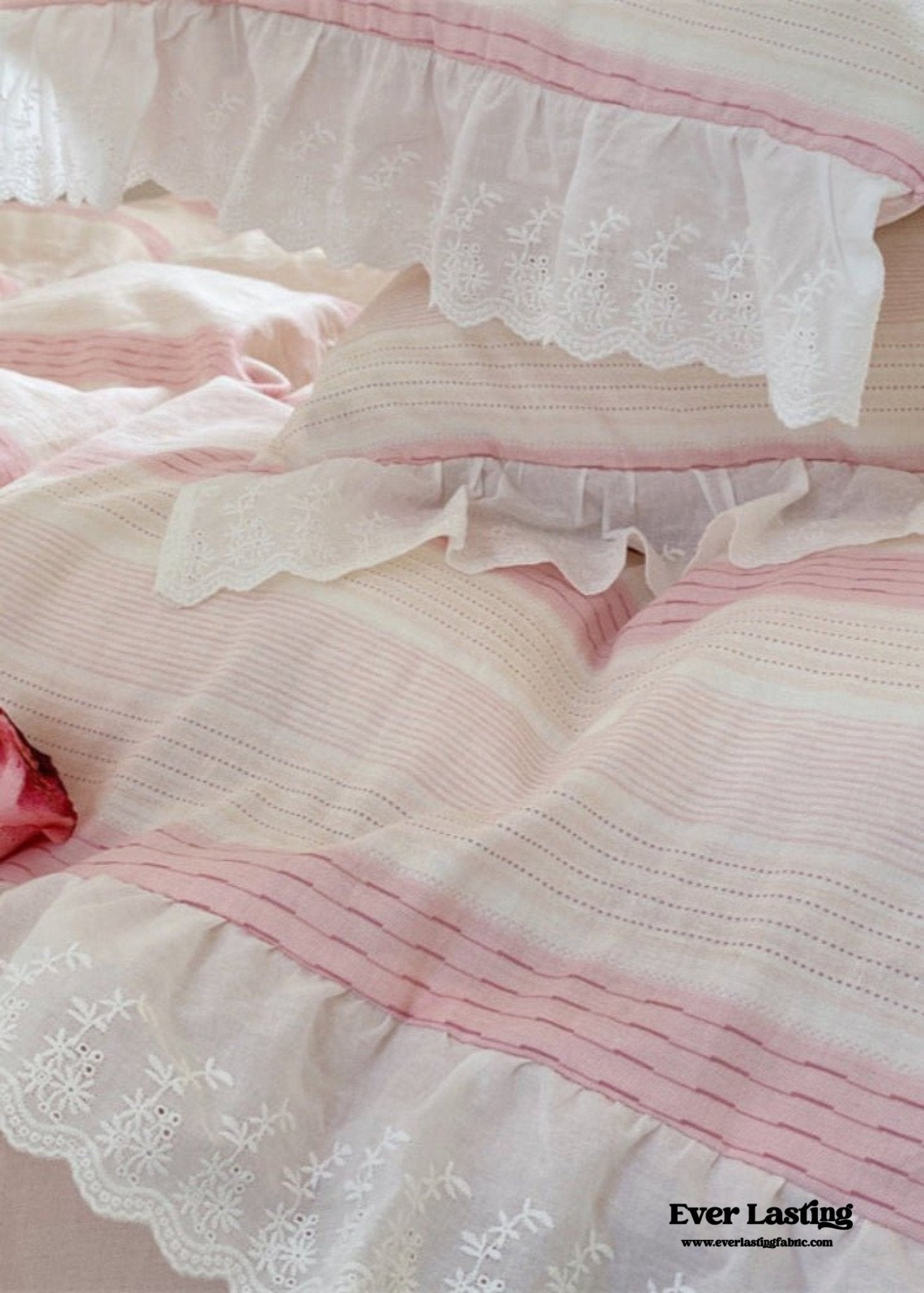 Cecilia Lace Ruffle Double Gauze Striped Bedding Set / Pink - Ever Lasting