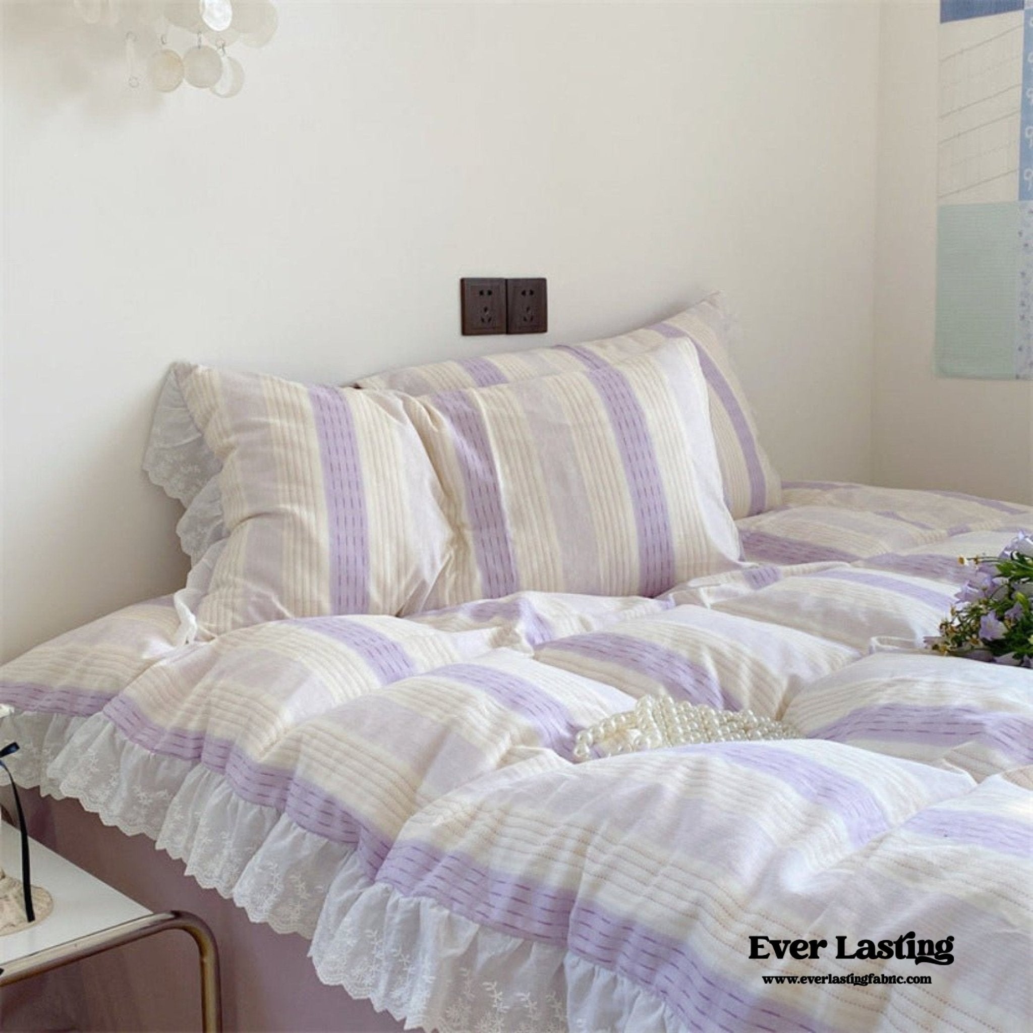 Cecilia Lace Ruffle Double Gauze Striped Bedding Set / Pink - Ever Lasting