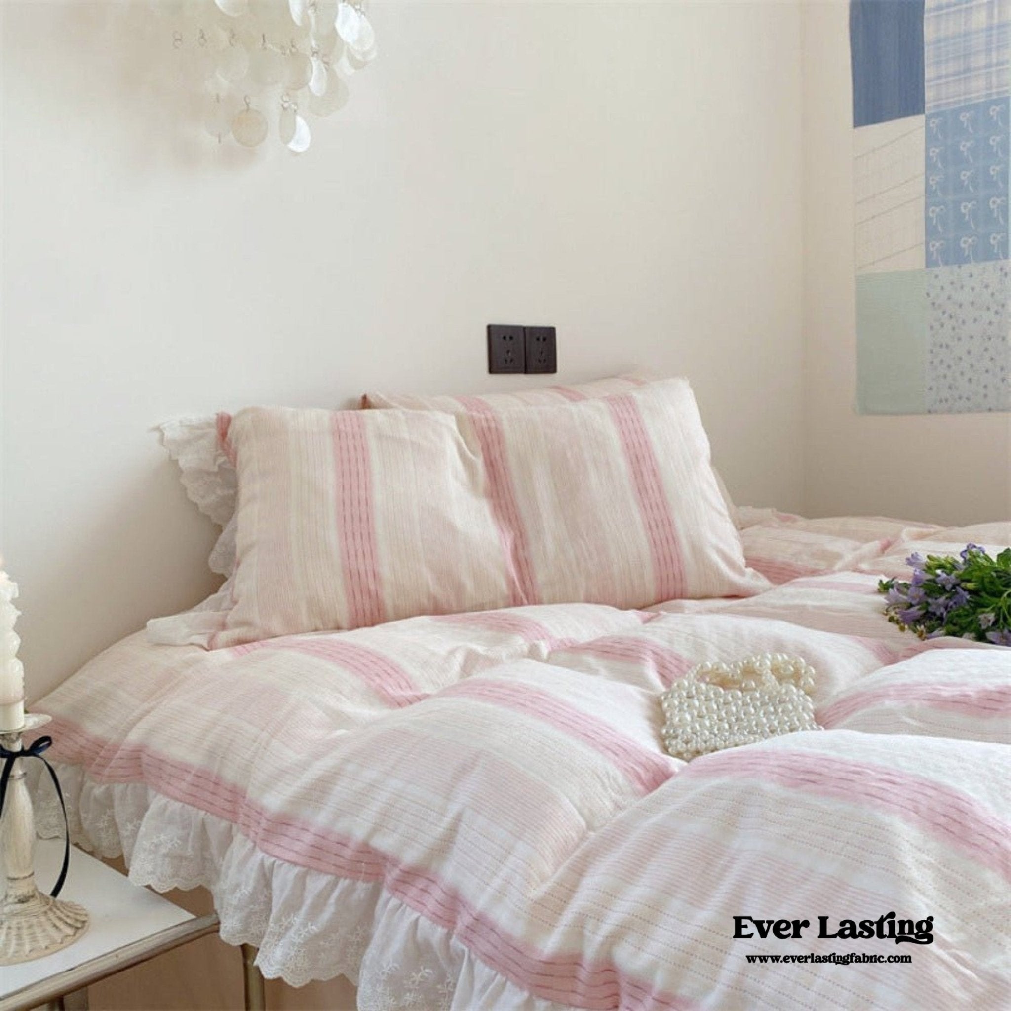 Cecilia Lace Ruffle Double Gauze Striped Bedding Set / Pink - Ever Lasting