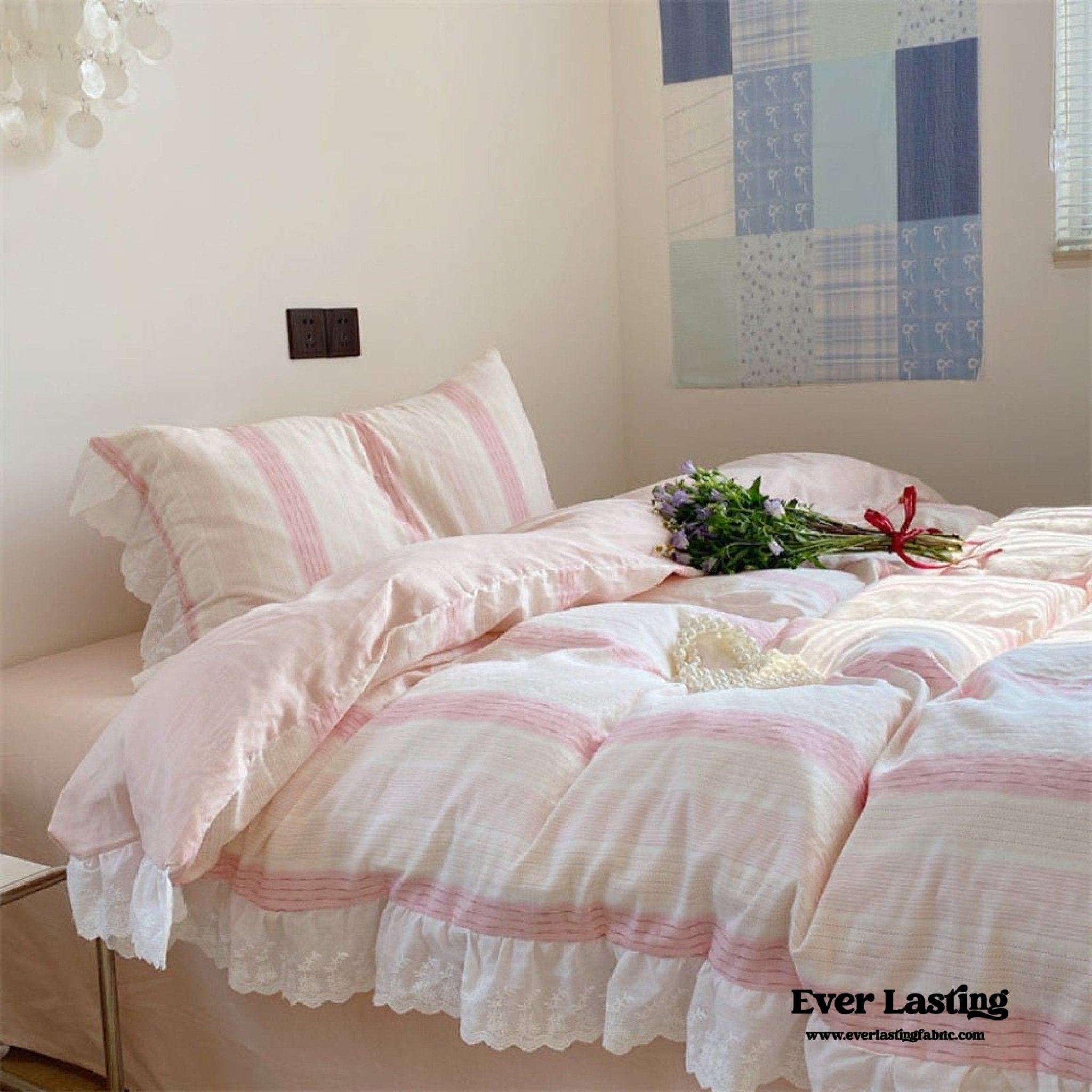 Cecilia Lace Ruffle Double Gauze Striped Bedding Set / Pink - Ever Lasting