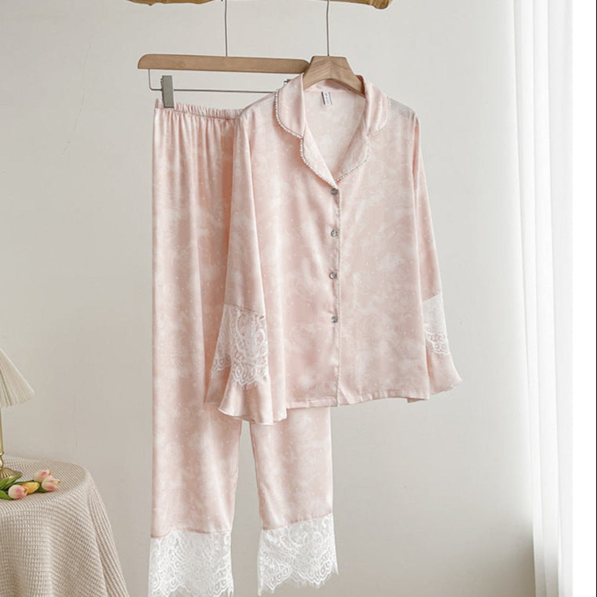 Celeste Silky Luxury Lace Pajama Set / Blue - Ever Lasting