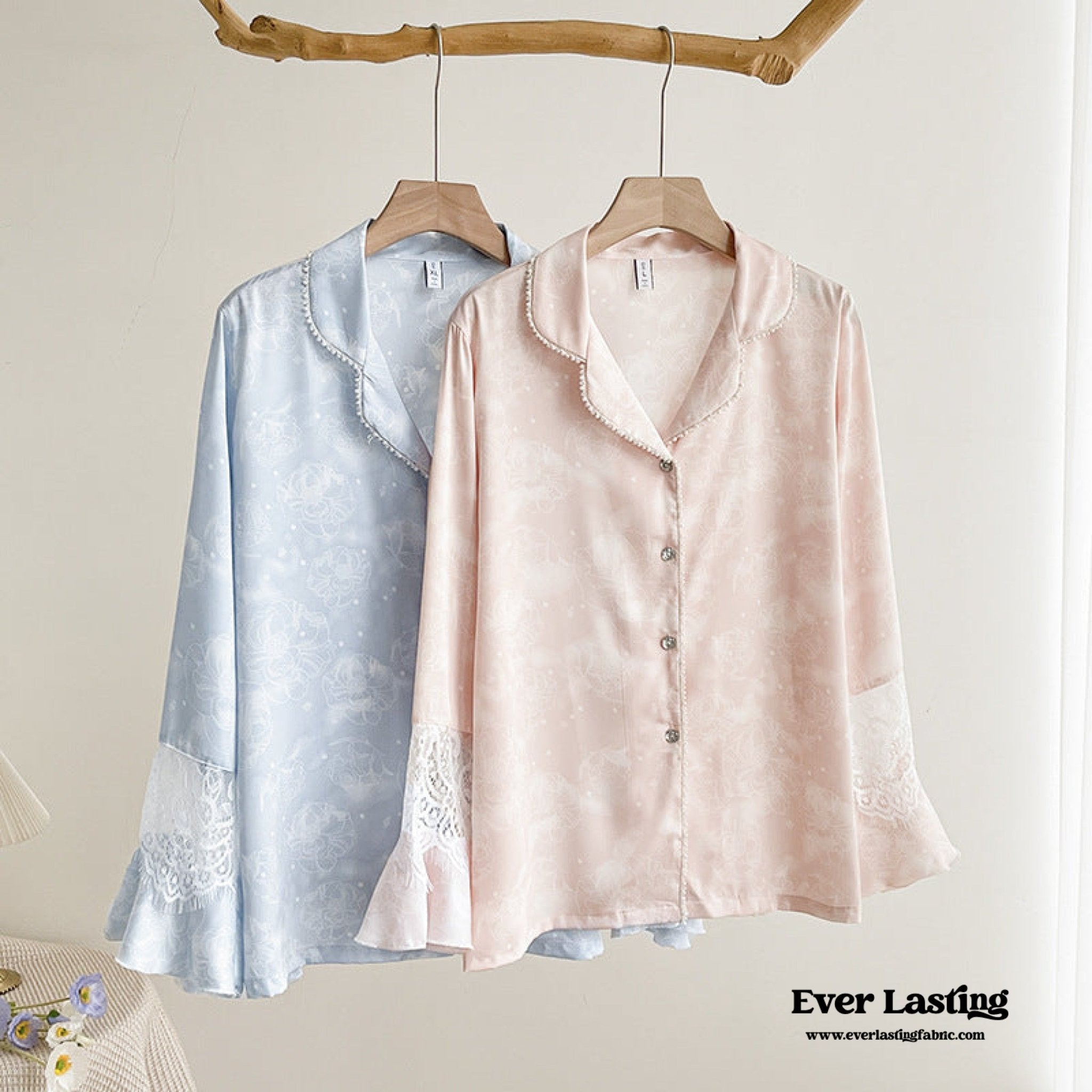 Celeste Silky Luxury Lace Pajama Set / Blue - Ever Lasting