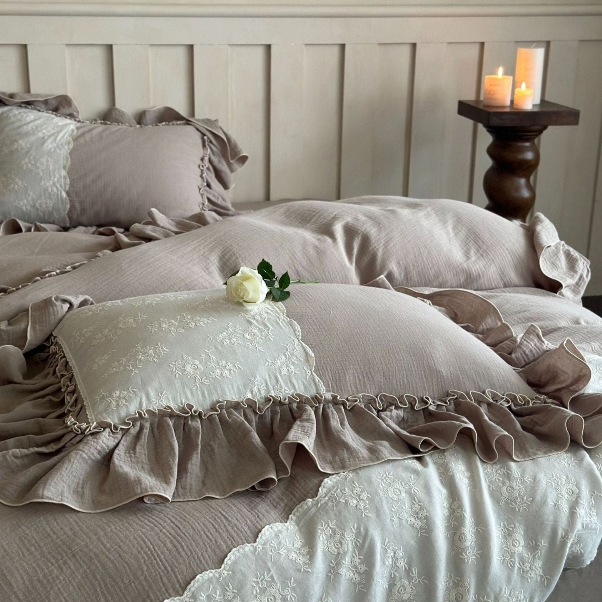 Celeste Soft Lace Embroidered Ruffle Bedding Set / Coffee Brown - Ever Lasting