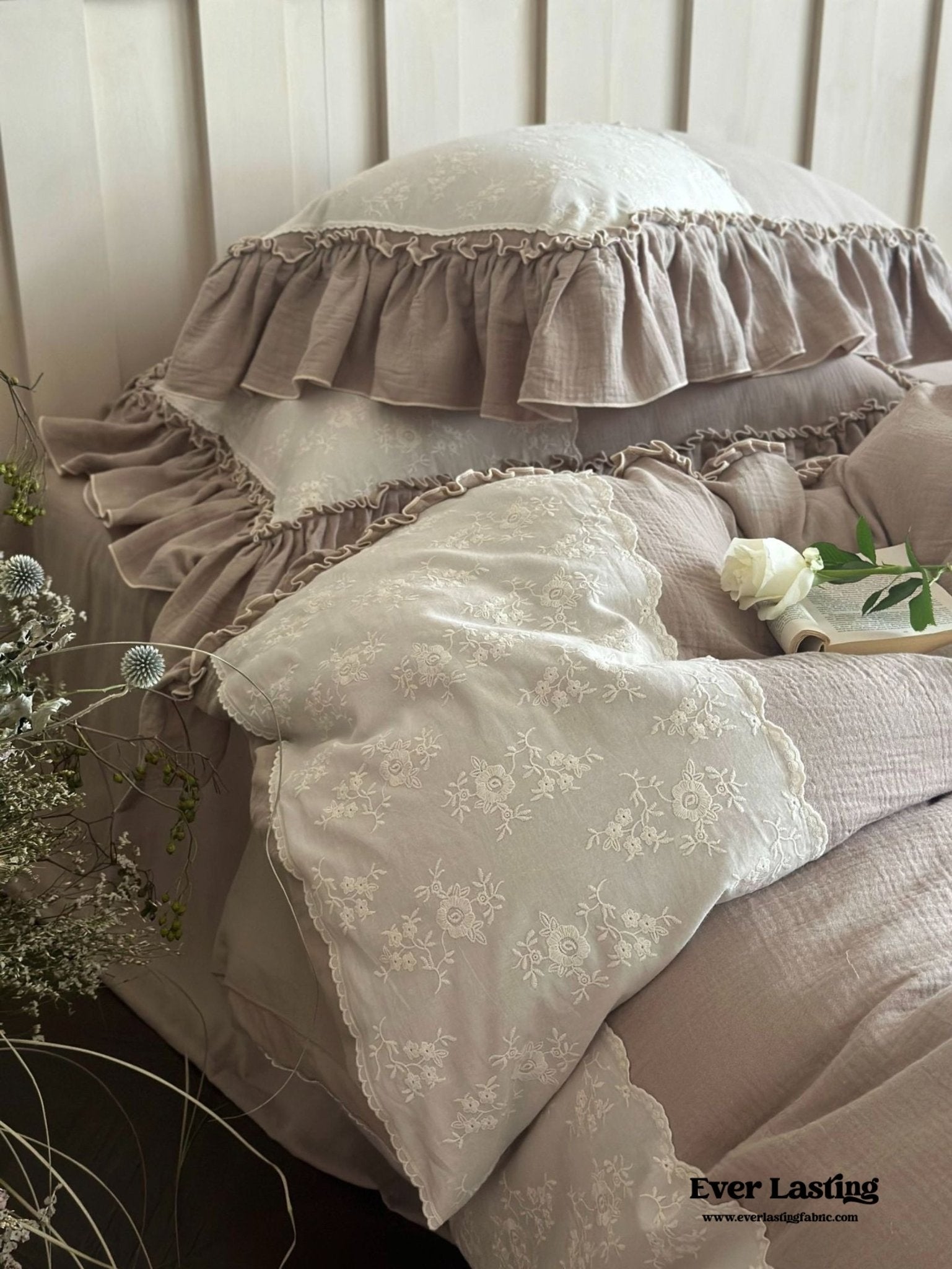 Celeste Soft Lace Embroidered Ruffle Bedding Set / Coffee Brown - Ever Lasting