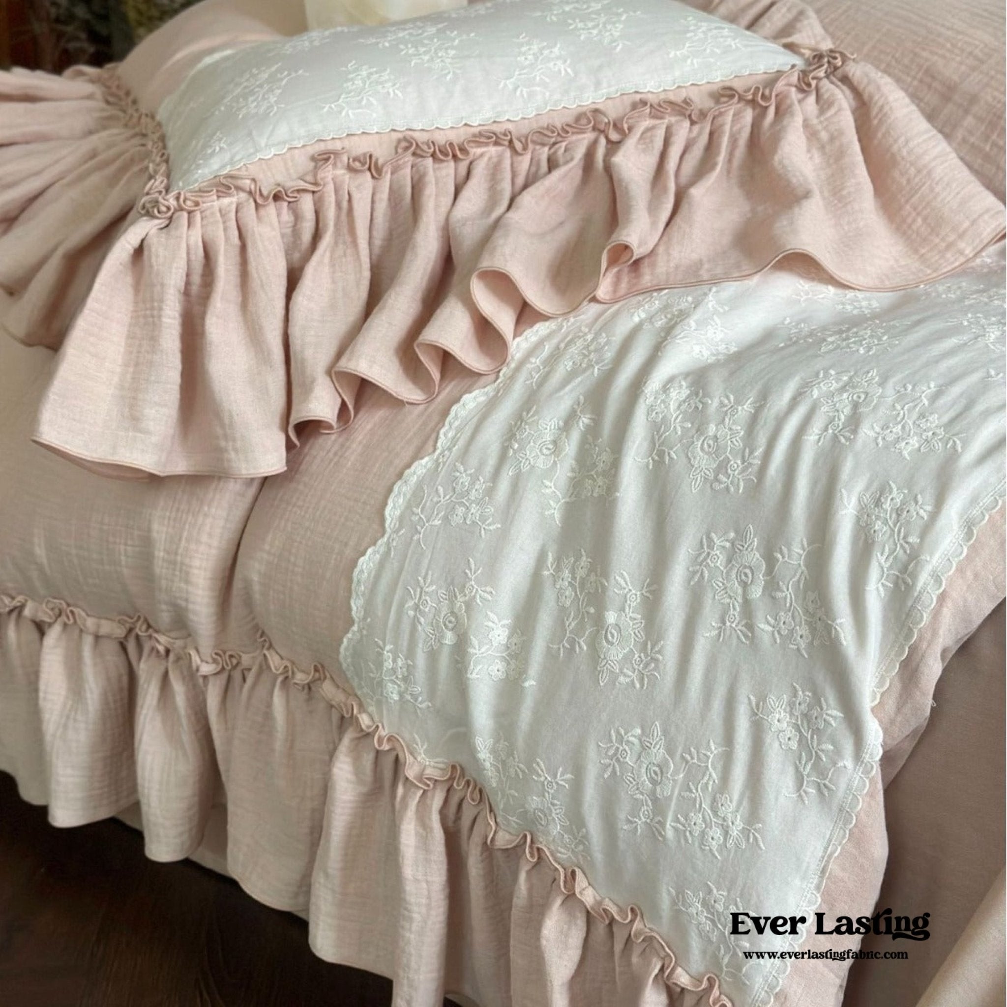 Celeste Soft Lace Embroidered Ruffle Bedding Set / Coffee Brown - Ever Lasting