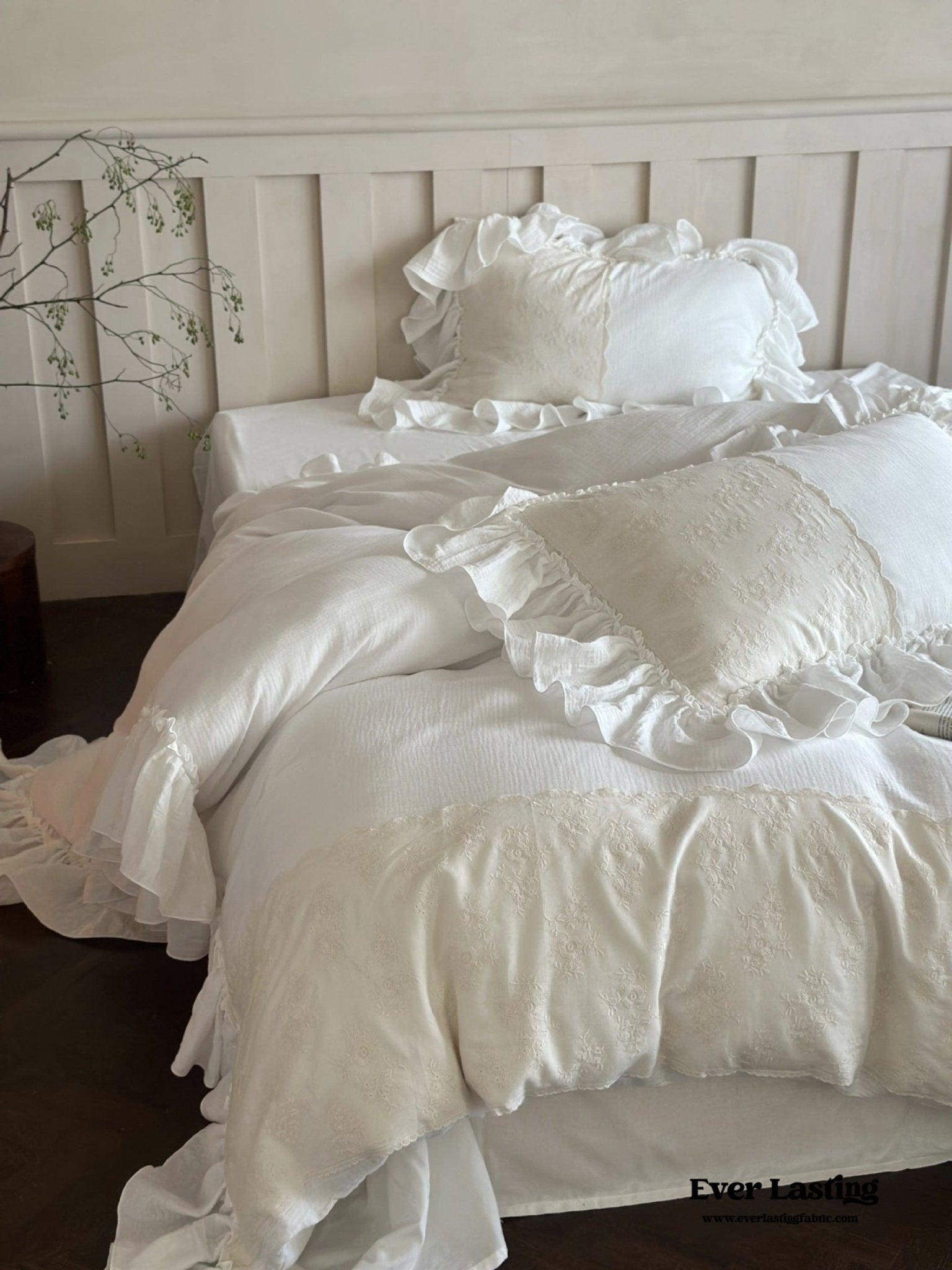 Celeste Soft Lace Embroidered Ruffle Bedding Set / Olive Green - Ever Lasting