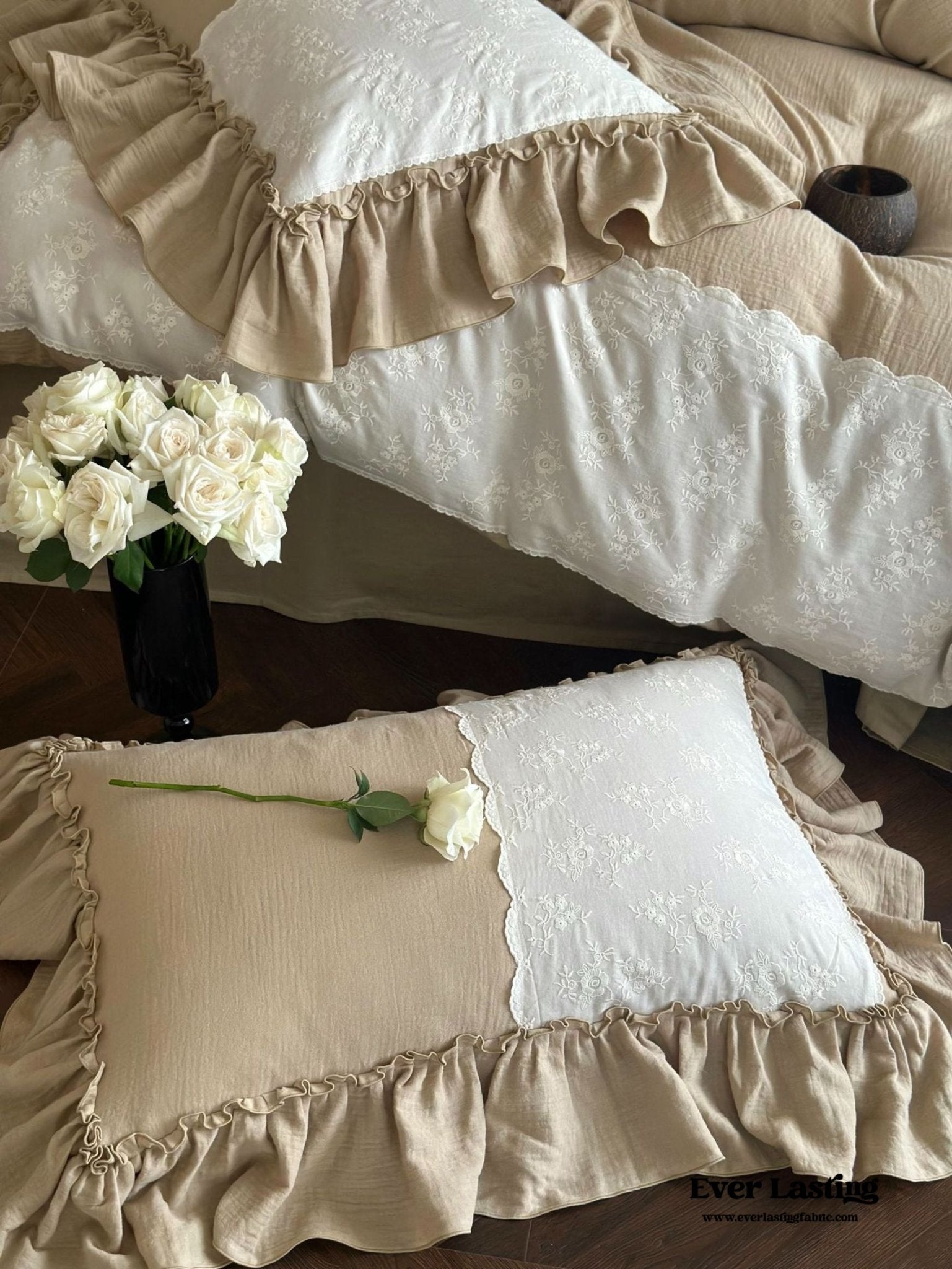 Celeste Soft Lace Embroidered Ruffle Bedding Set / Olive Green - Ever Lasting