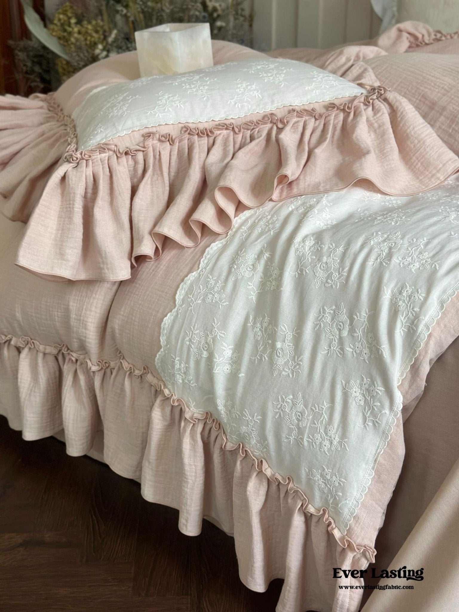 Celeste Soft Lace Embroidered Ruffle Bedding Set / Pink - Ever Lasting