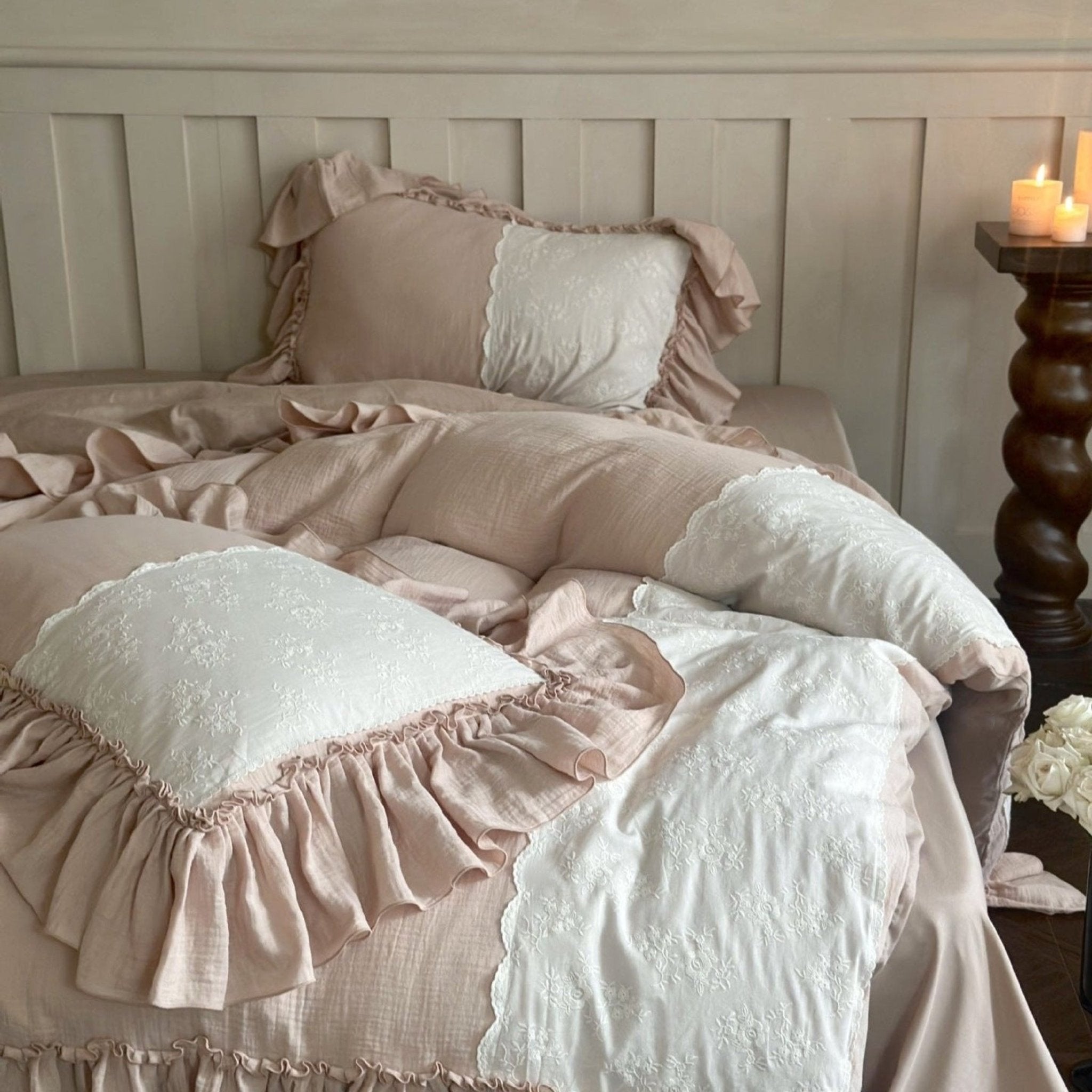 Celeste Soft Lace Embroidered Ruffle Bedding Set / Pink - Ever Lasting