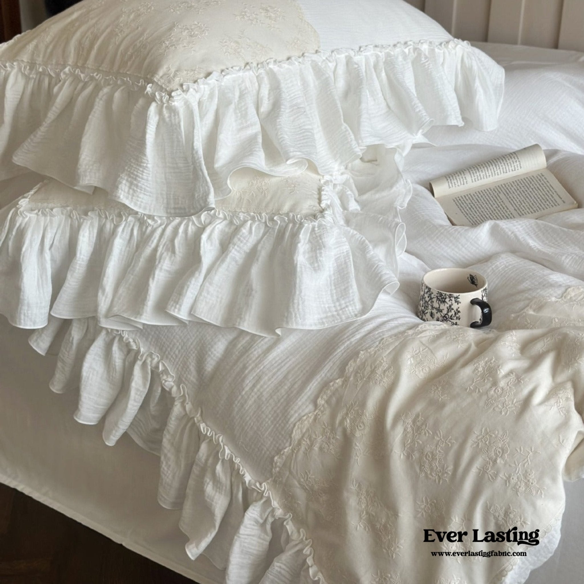 Celeste Soft Lace Embroidered Ruffle Bedding Set / White - Ever Lasting