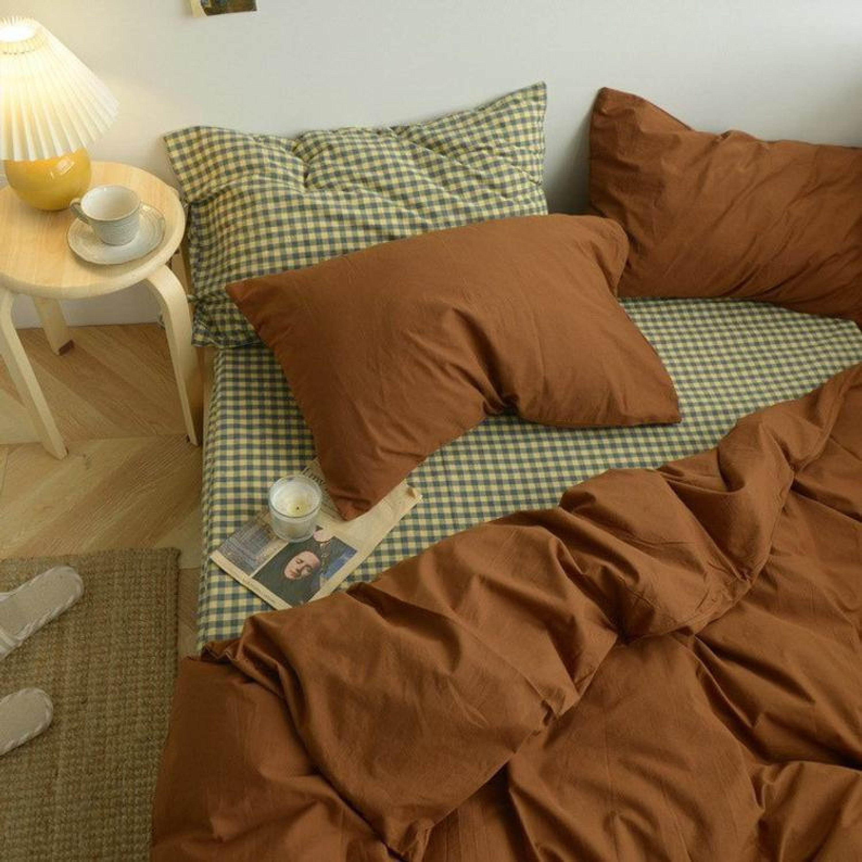 Cute Bedding Set, Checkered Bedding Flat Sheet, Brown Duvet Cover, Dor