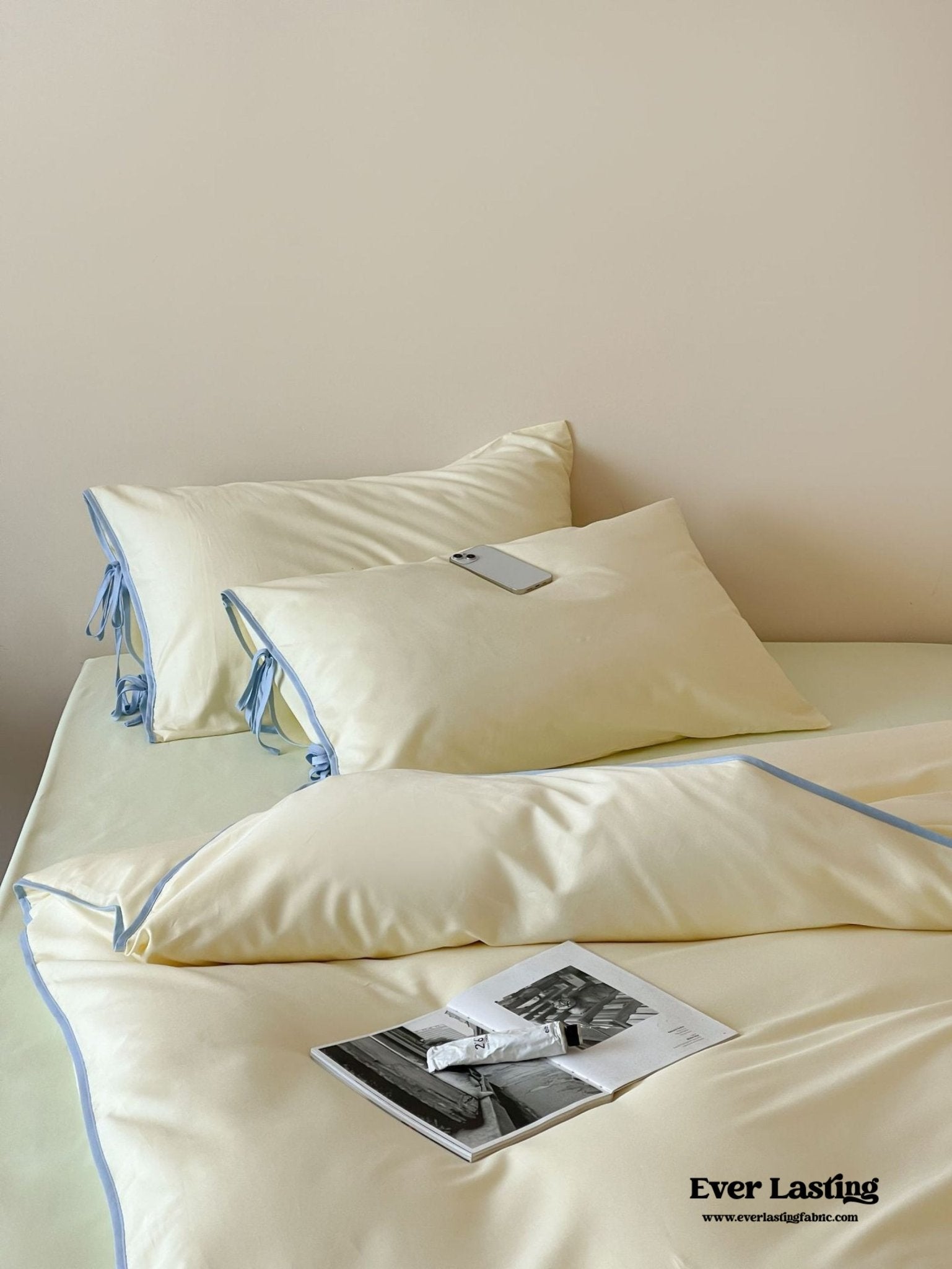 Chloe Minimalist Solid Tie Cotton Bedding Set / Blue with Navy Blue Ties - Ever Lasting