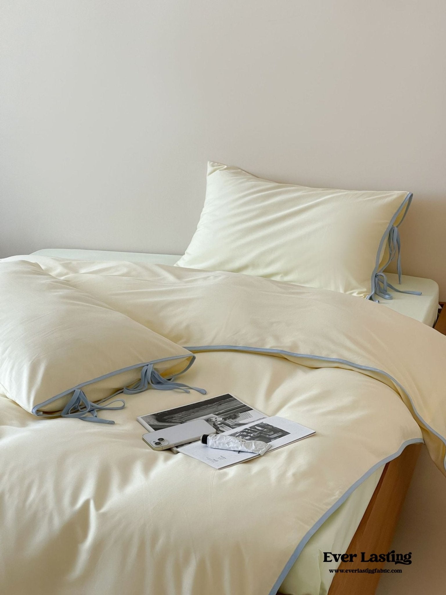 Chloe Minimalist Solid Tie Cotton Bedding Set / Blue with Navy Blue Ties - Ever Lasting