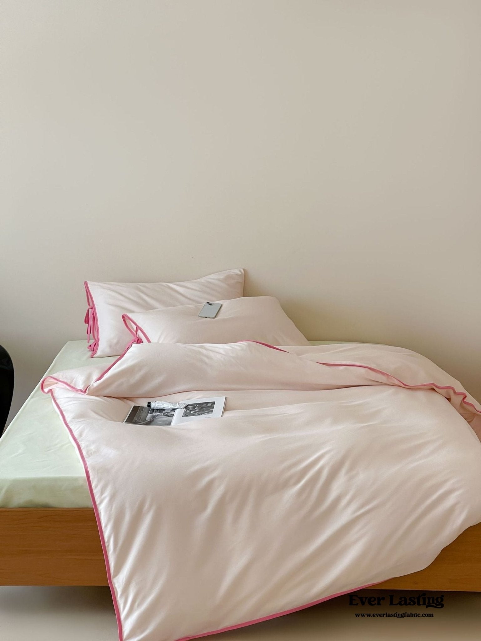 Chloe Minimalist Solid Tie Cotton Bedding Set / Pink with Barbie Pink Ties - Ever Lasting