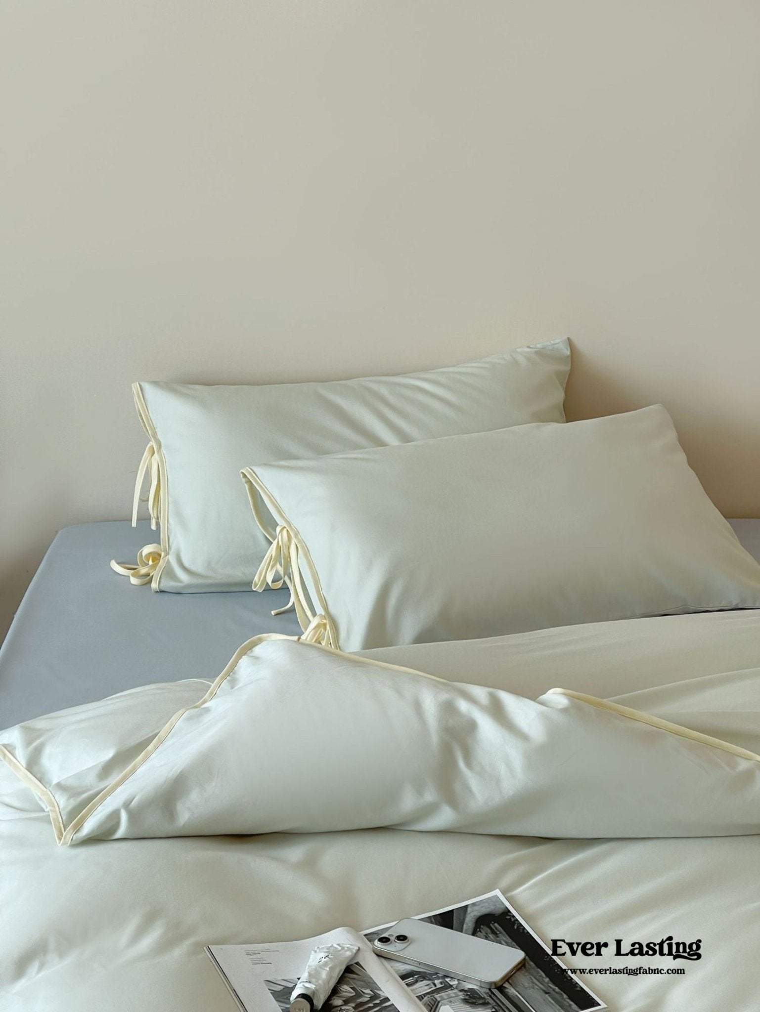 Chloe Minimalist Solid Tie Cotton Bedding Set / Pink with Puprple Ties - Ever Lasting