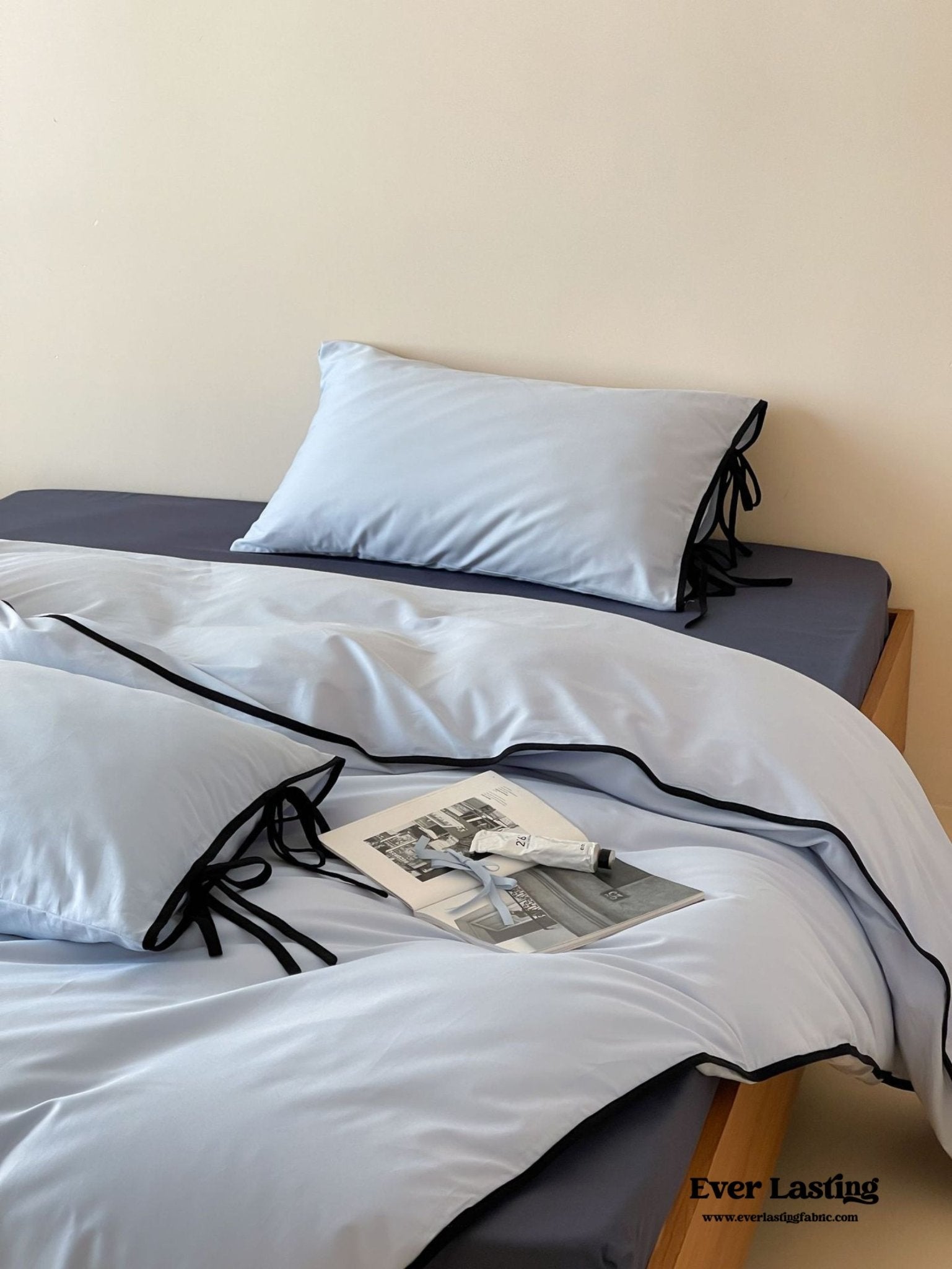 Chloe Minimalist Solid Tie Cotton Bedding Set / Pink with Puprple Ties - Ever Lasting