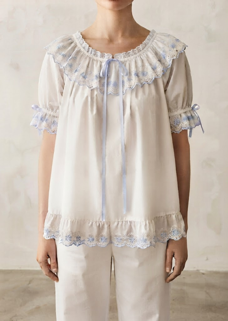 Cloudberry Ruffle Short-Sleeved Top + Long Pants Pajama Set / White