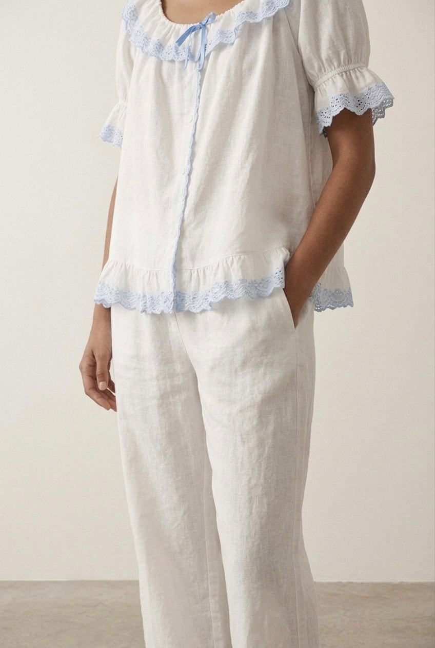 -Ever Lasting - Cloudberry Ruffle Short-Sleeved Top + Long Pants Pajama Set / White -Pajamas -Ever Lasting