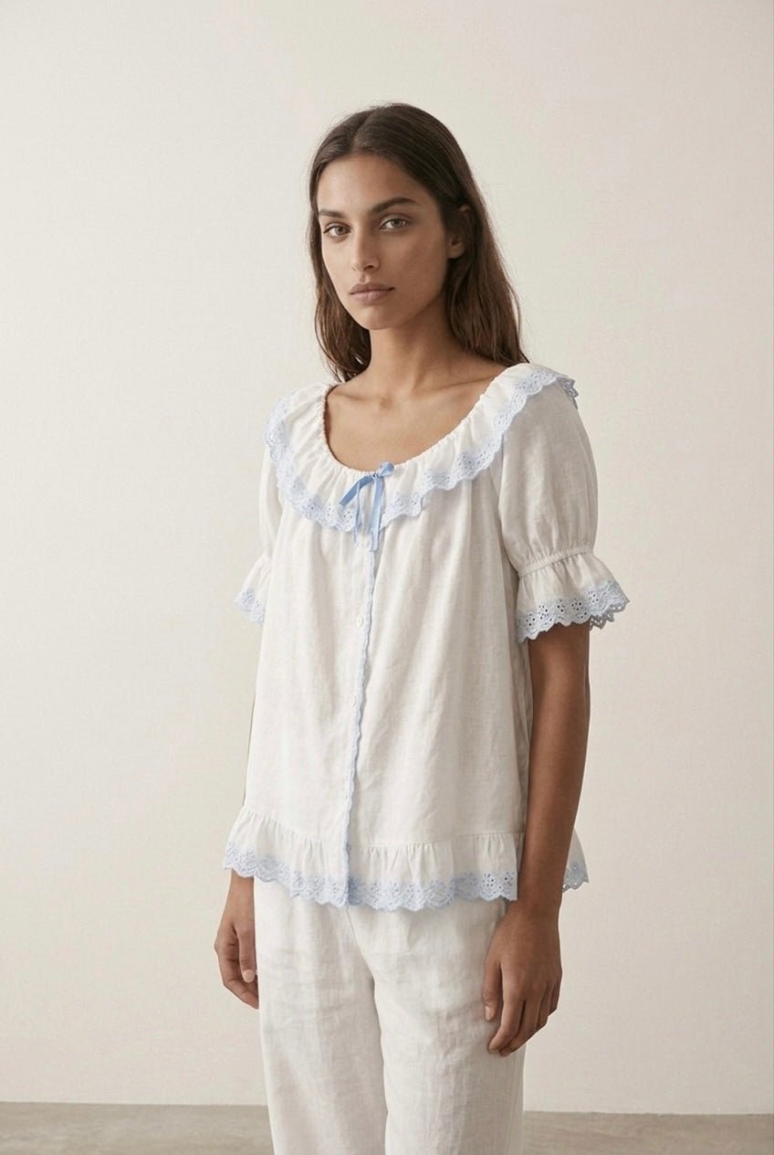 -Ever Lasting - Cloudberry Ruffle Short-Sleeved Top + Long Pants Pajama Set / White -Pajamas -Ever Lasting