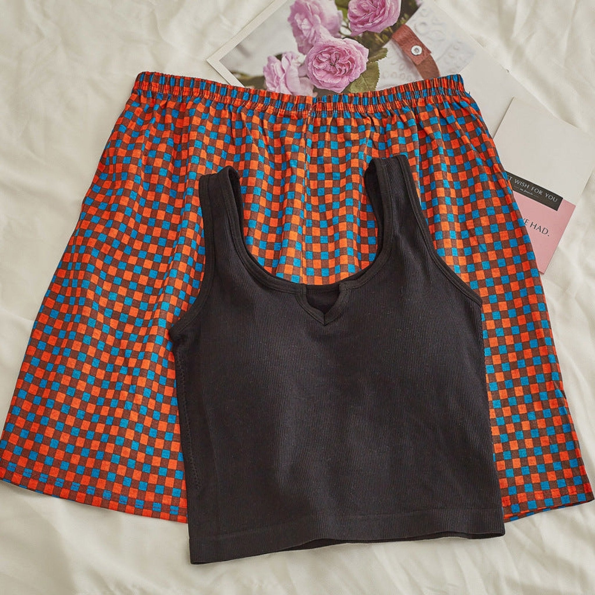 Comfy Padded Tank Shorts Set / Blue Top + Green Gingham - Ever Lasting