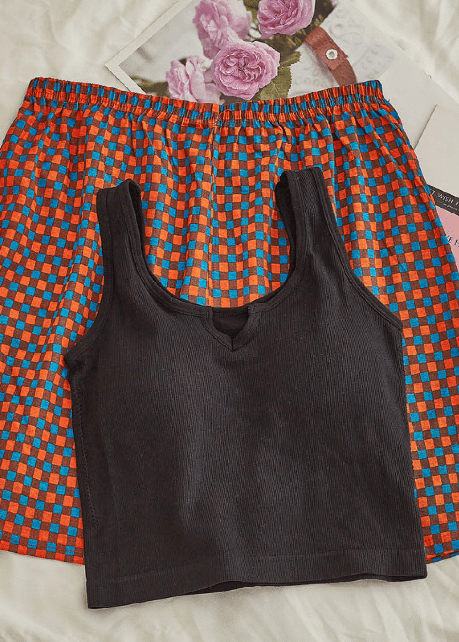 - Ever Lasting - Comfy Padded Tank Shorts Set / Blue Top + Green Gingham - Tank Top - Ever Lasting