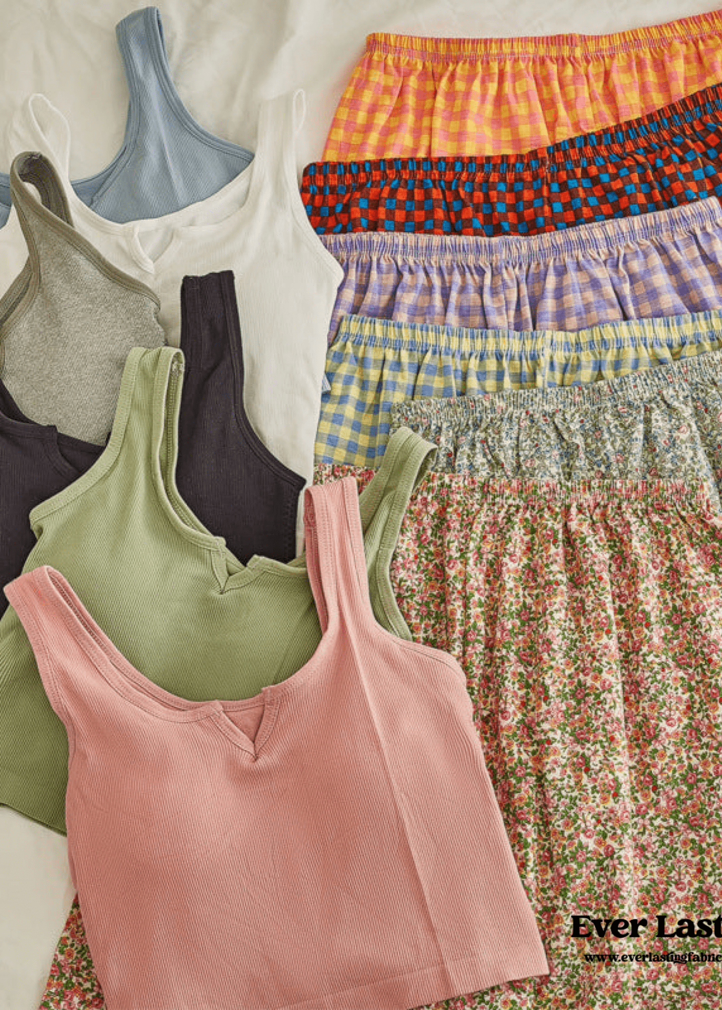 - Ever Lasting - Comfy Padded Tank Shorts Set / Blue Top + Green Gingham - Tank Top - Ever Lasting