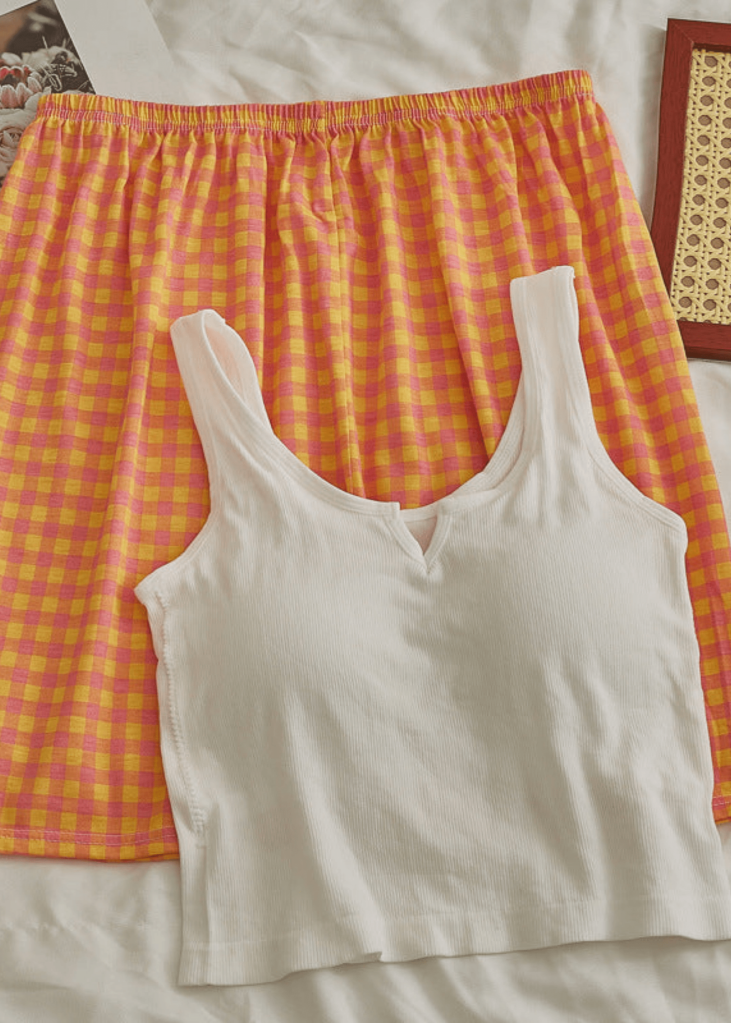 - Ever Lasting - Comfy Padded Tank Shorts Set / Blue Top + Green Gingham - Tank Top - Ever Lasting