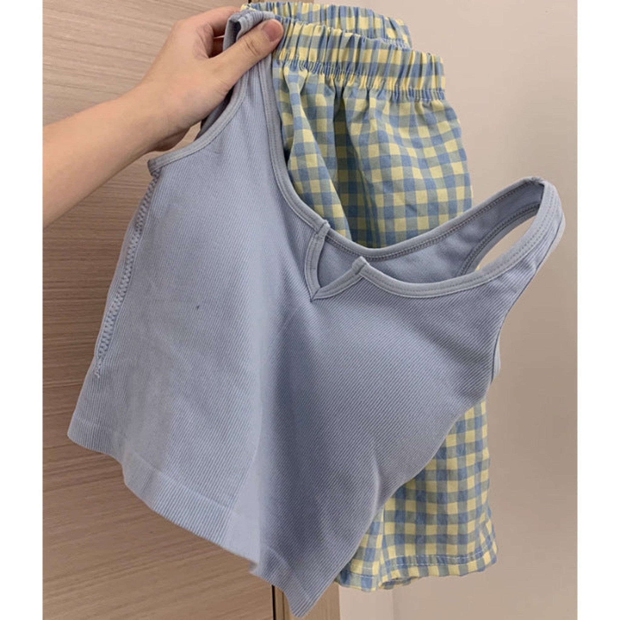 Comfy Padded Tank Shorts Set / Gray Top + Purple Gingham - Ever Lasting