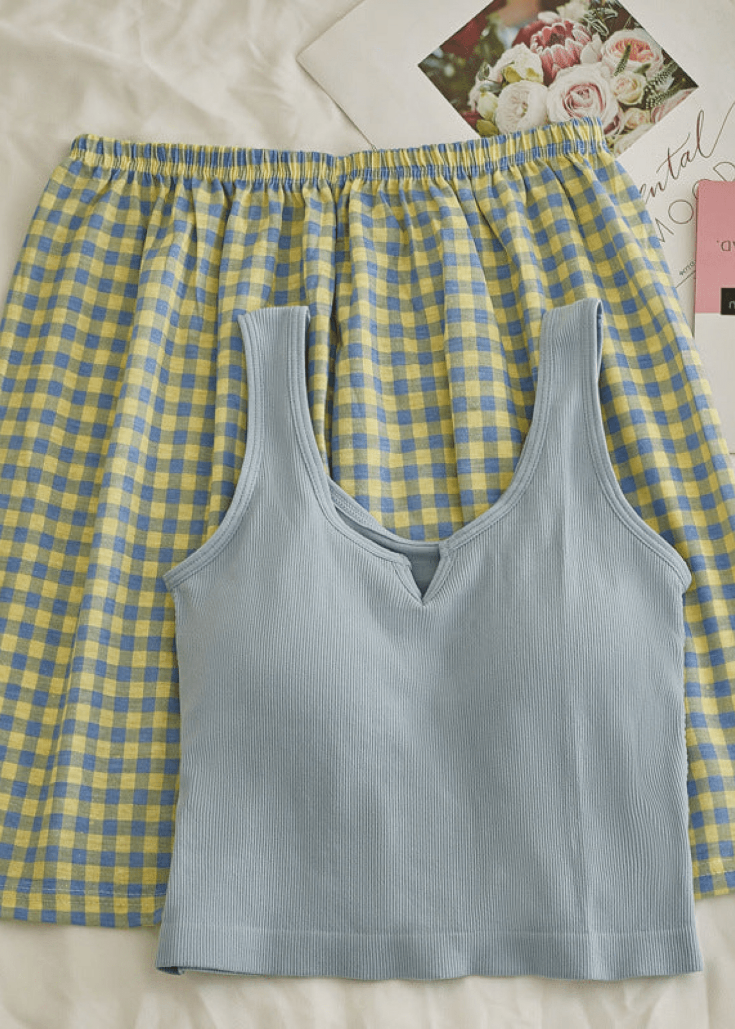 - Ever Lasting - Comfy Padded Tank Shorts Set / Gray Top + Purple Gingham - Tank Top - Ever Lasting