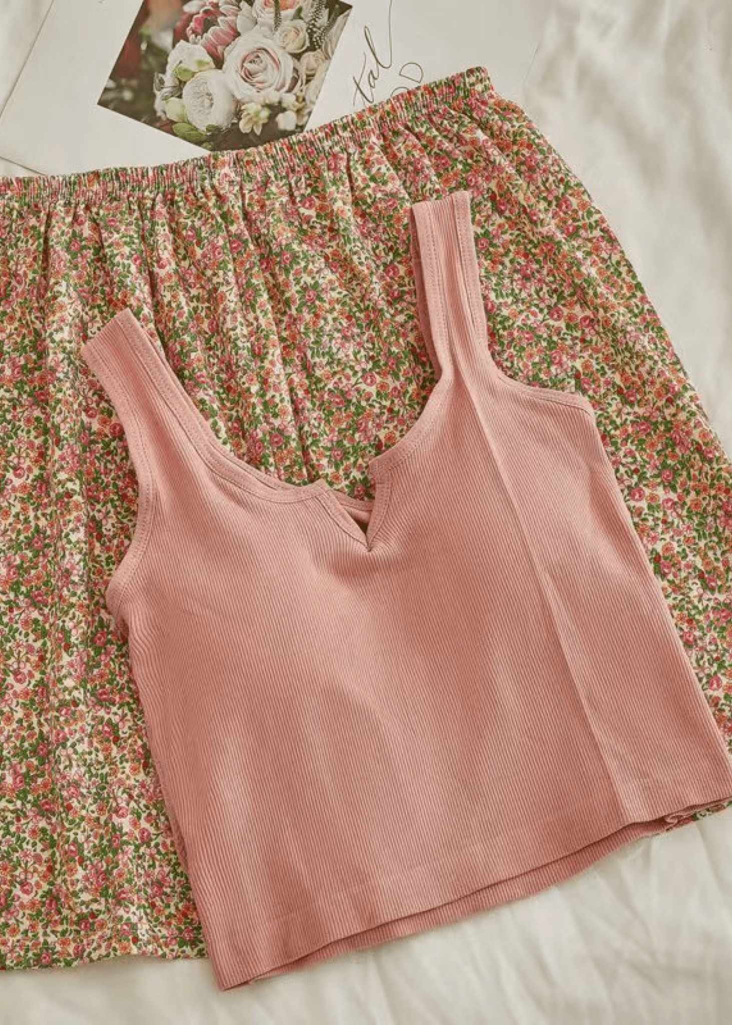 - Ever Lasting - Comfy Padded Tank Shorts Set / Green Floral - Tank Top - Ever Lasting