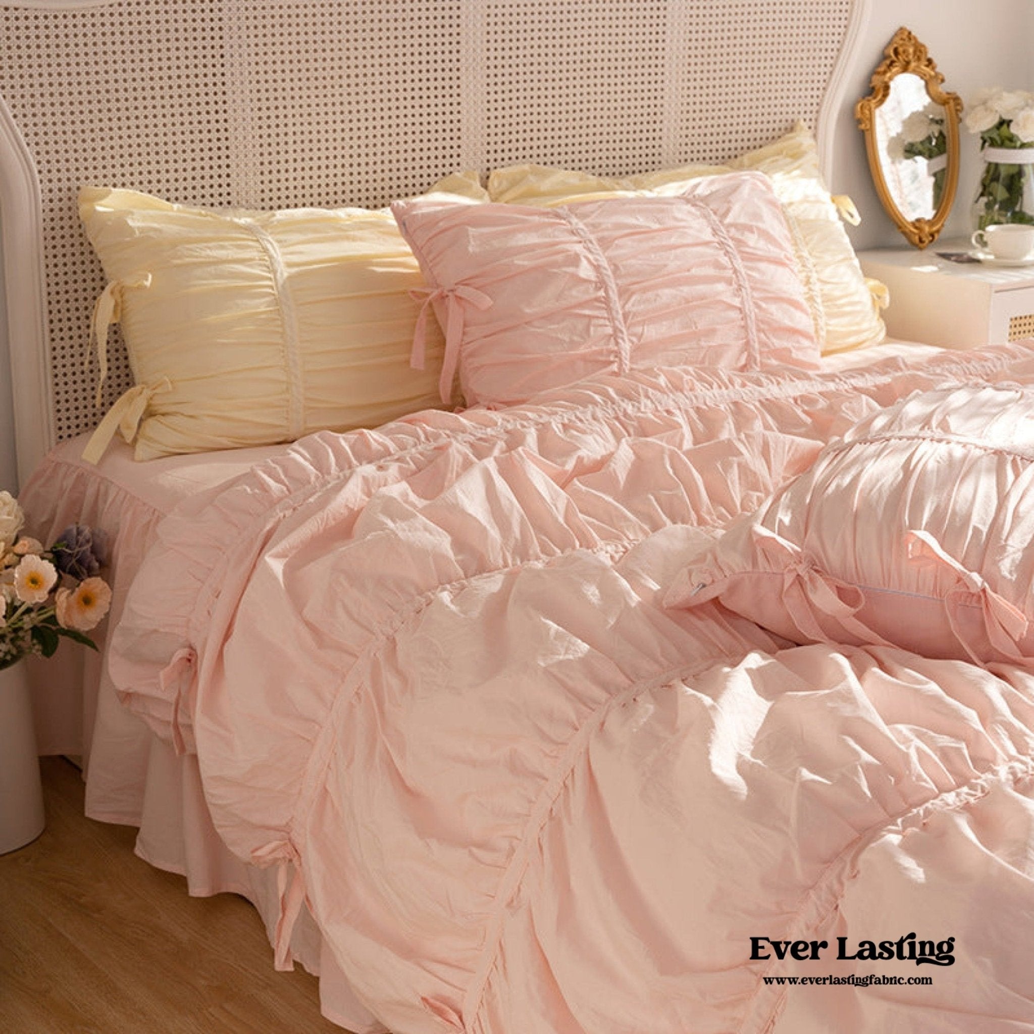 Coquette Ruffle Ribbon Ties Duvet Cover / White - Ever Lasting