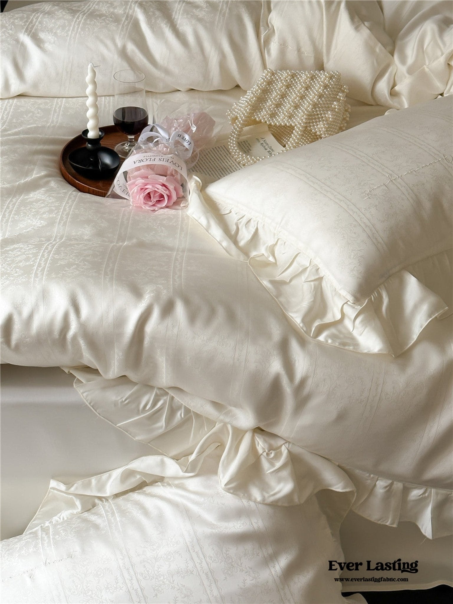 - Ever Lasting - Coquette Tencel Silky Ruffle Bedding Set / White - Bedding Set - Ever Lasting