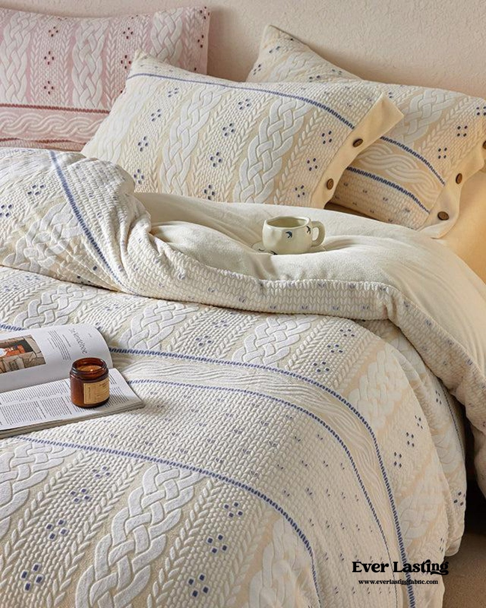 Cottage Braided Button Velvet Bedding Set / Cream - Ever Lasting