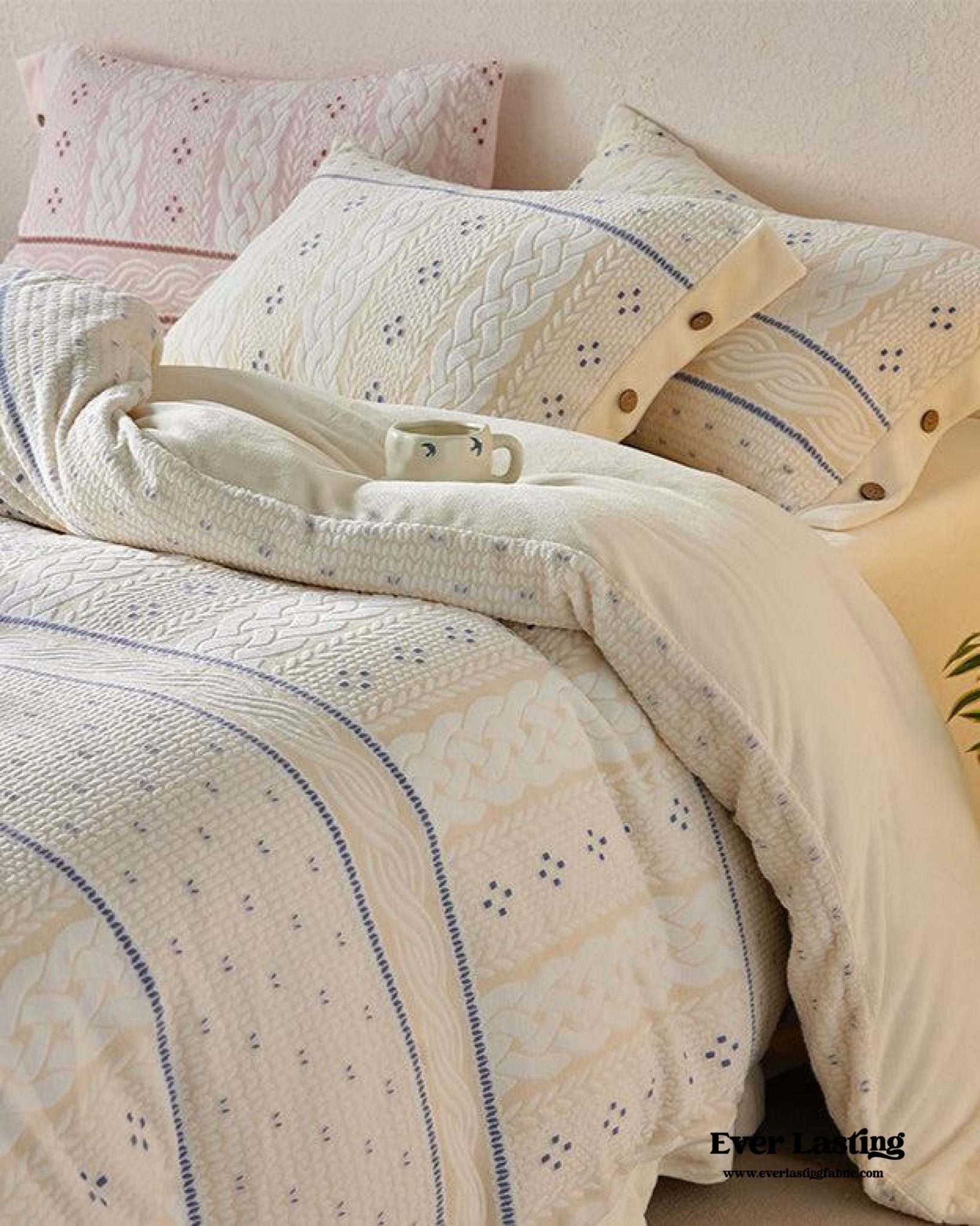 Cottage Braided Button Velvet Bedding Set / Cream - Ever Lasting