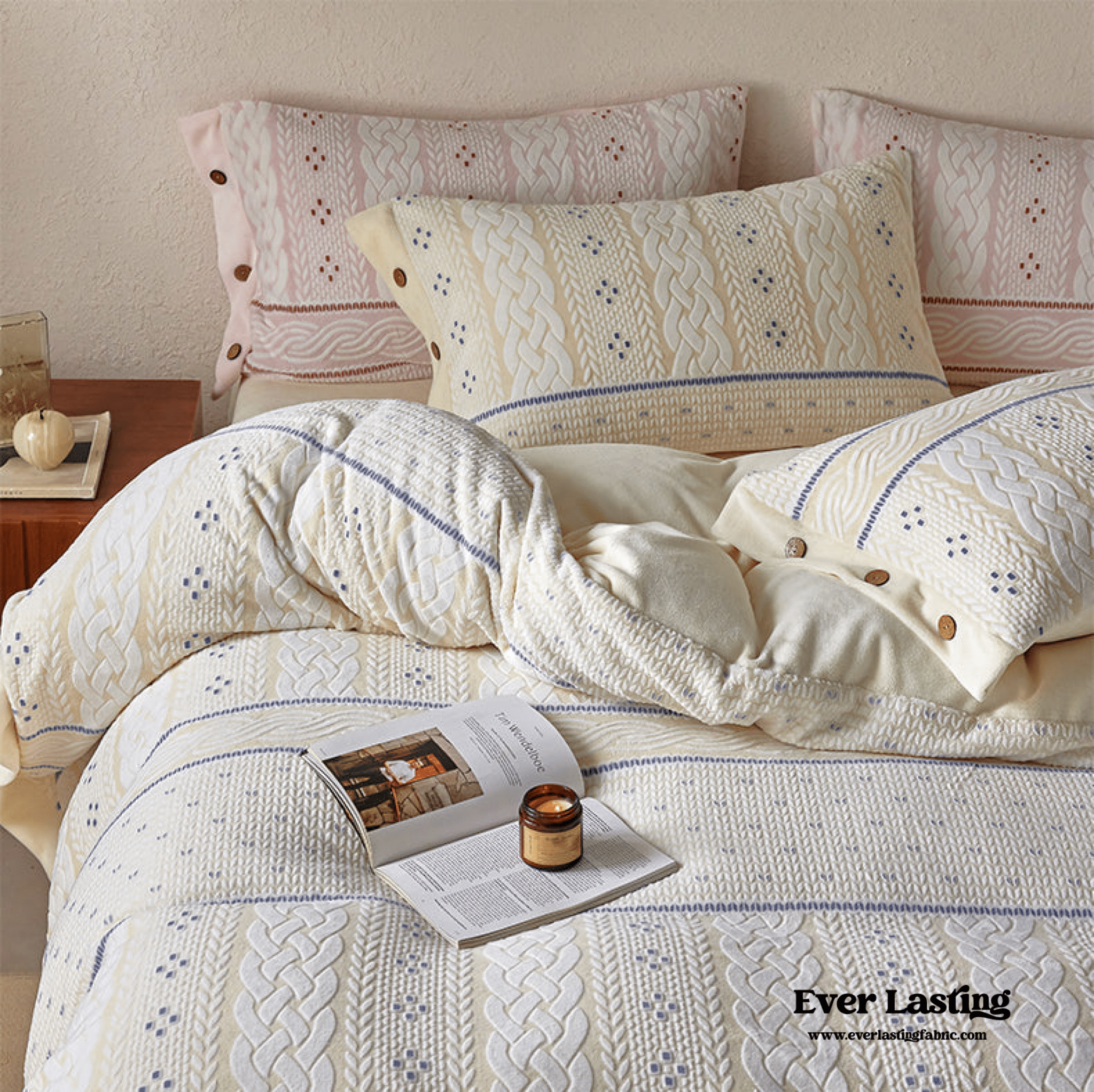 Cottage Braided Button Velvet Bedding Set / Cream - Ever Lasting