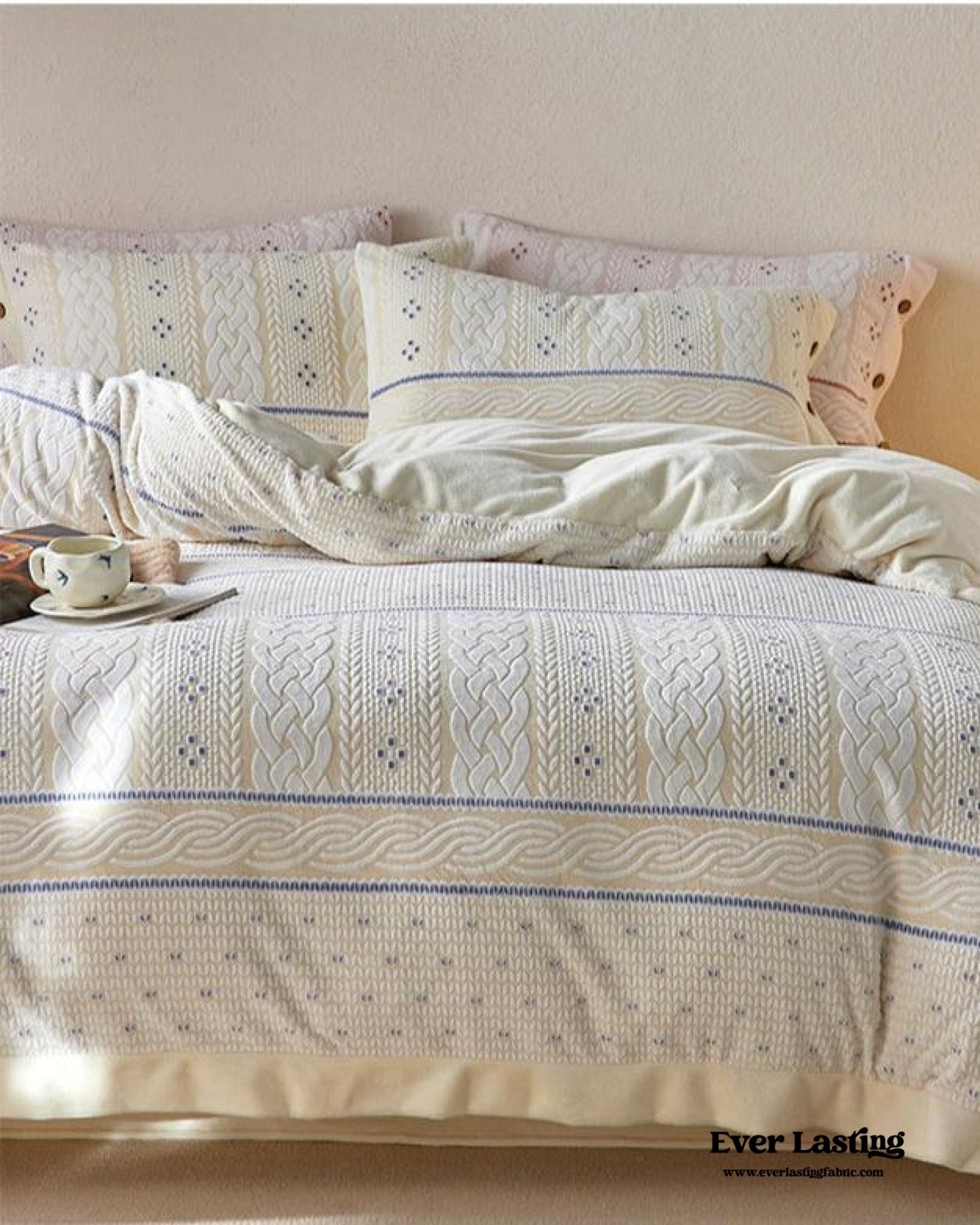 Cottage Braided Button Velvet Bedding Set / Cream - Ever Lasting