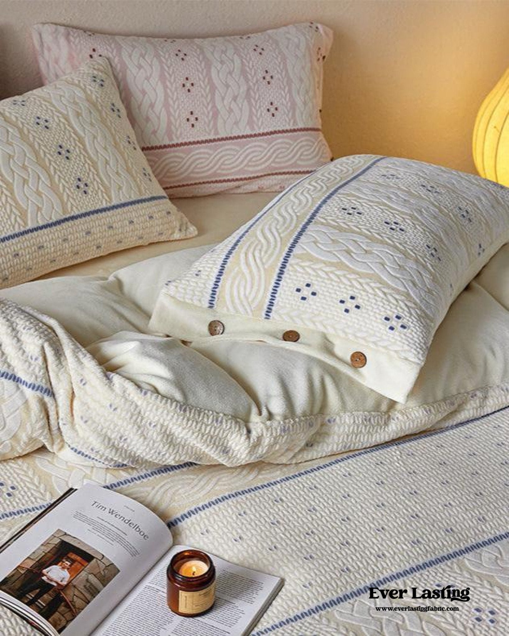 Cottage Braided Button Velvet Bedding Set / Cream - Ever Lasting