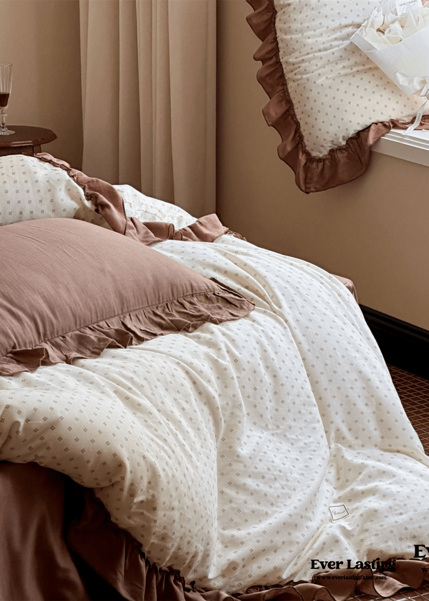 Cottage Inspired Ruffle Bedding Set / Soft Brown - Ever Lasting