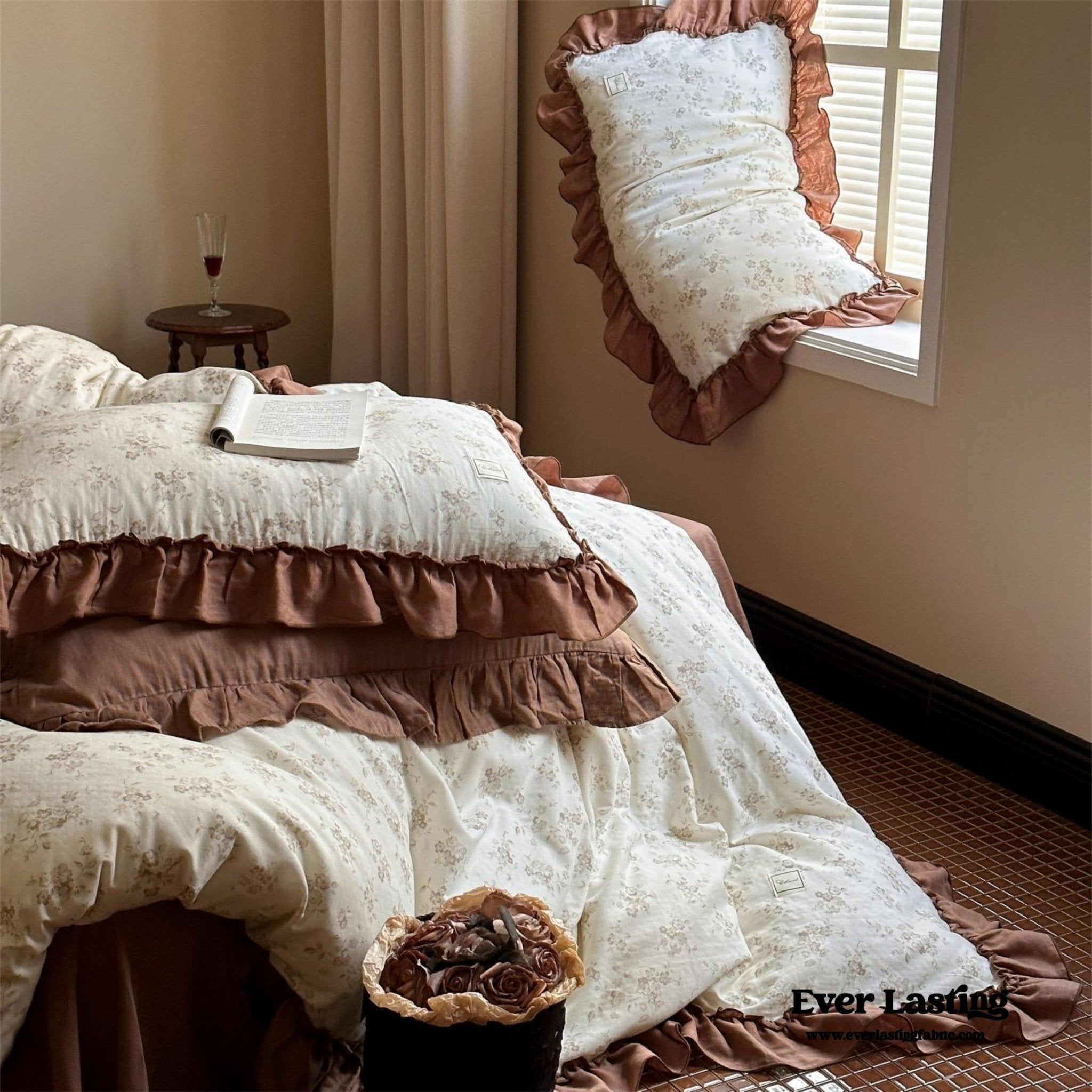 Cottage Inspired Ruffle Bedding Set / Soft Brown - Ever Lasting