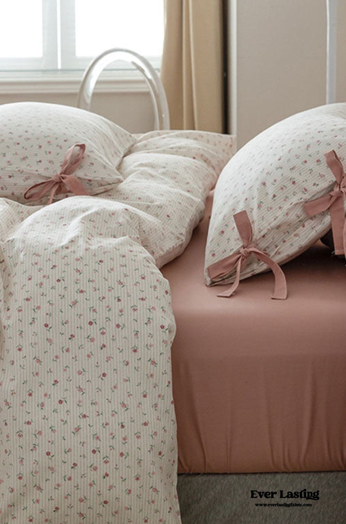 Cottage Ribbon Bow Tie Floral Bedding Set / Rust Pink - Ever Lasting