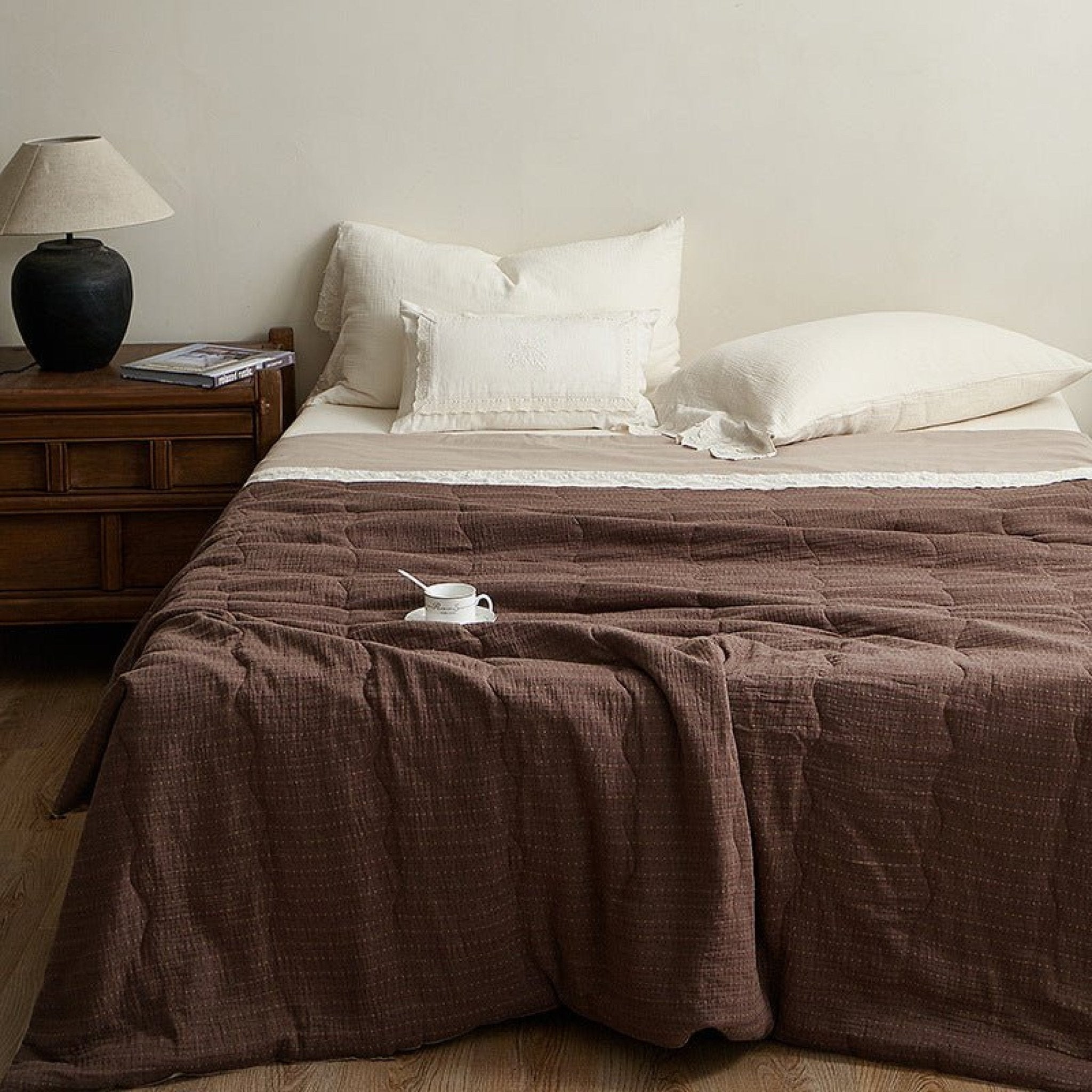 Cotton Quilt with Lace Trim – Soft Textured Bed Blanket for All Seasons / Red & Brown - Ever Lasting