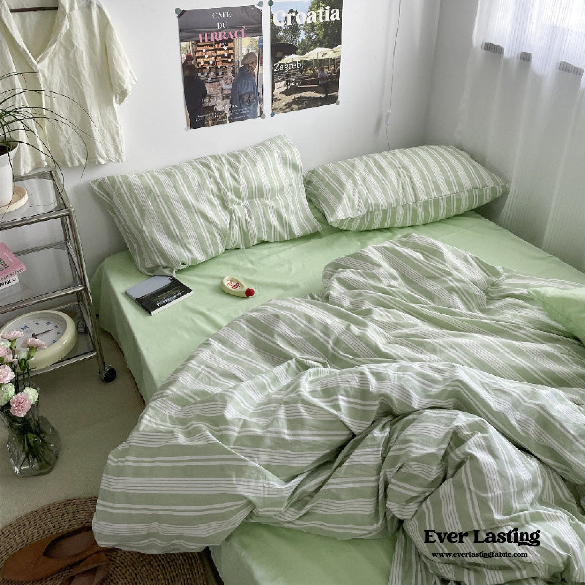 Cozy Washed Cotton Striped Bedding Set / Pink - Ever Lasting