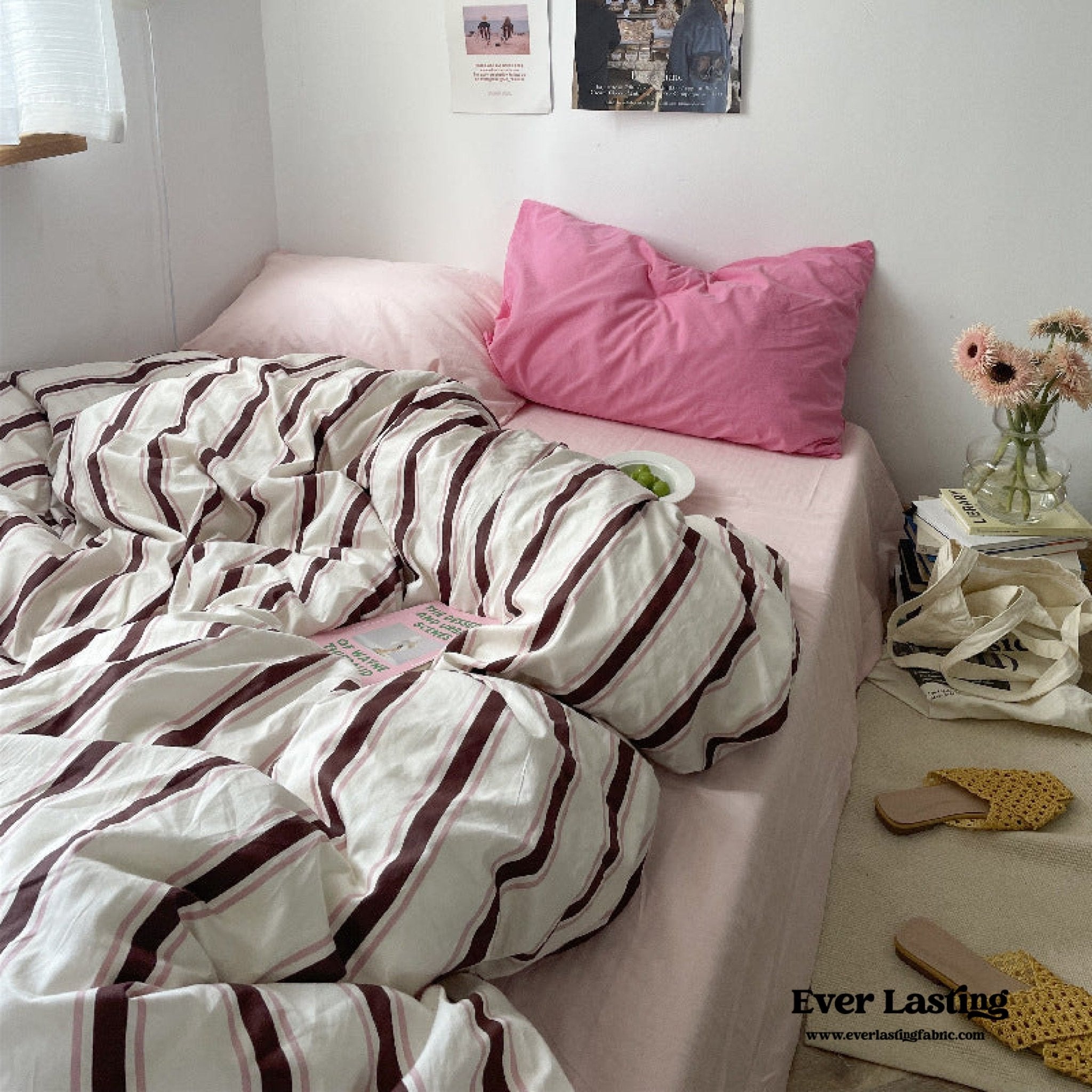 Cozy Washed Cotton Striped Bedding Set / Pink - Ever Lasting