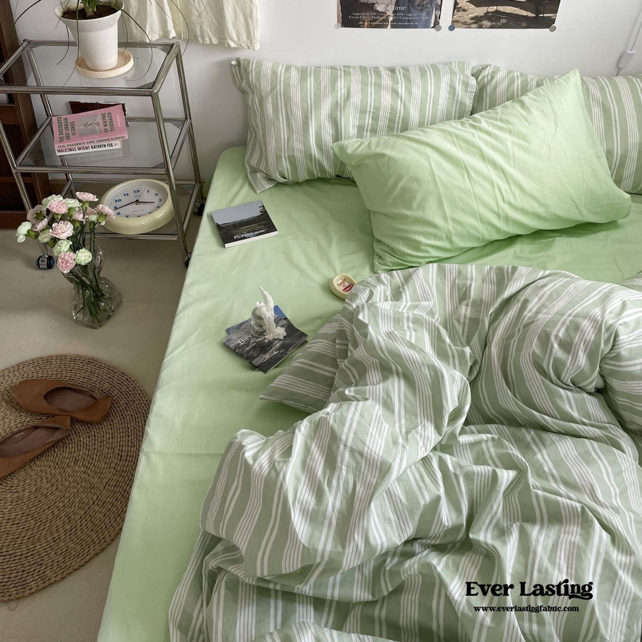 Cozy Washed Cotton Striped Bedding Set / Pink - Ever Lasting