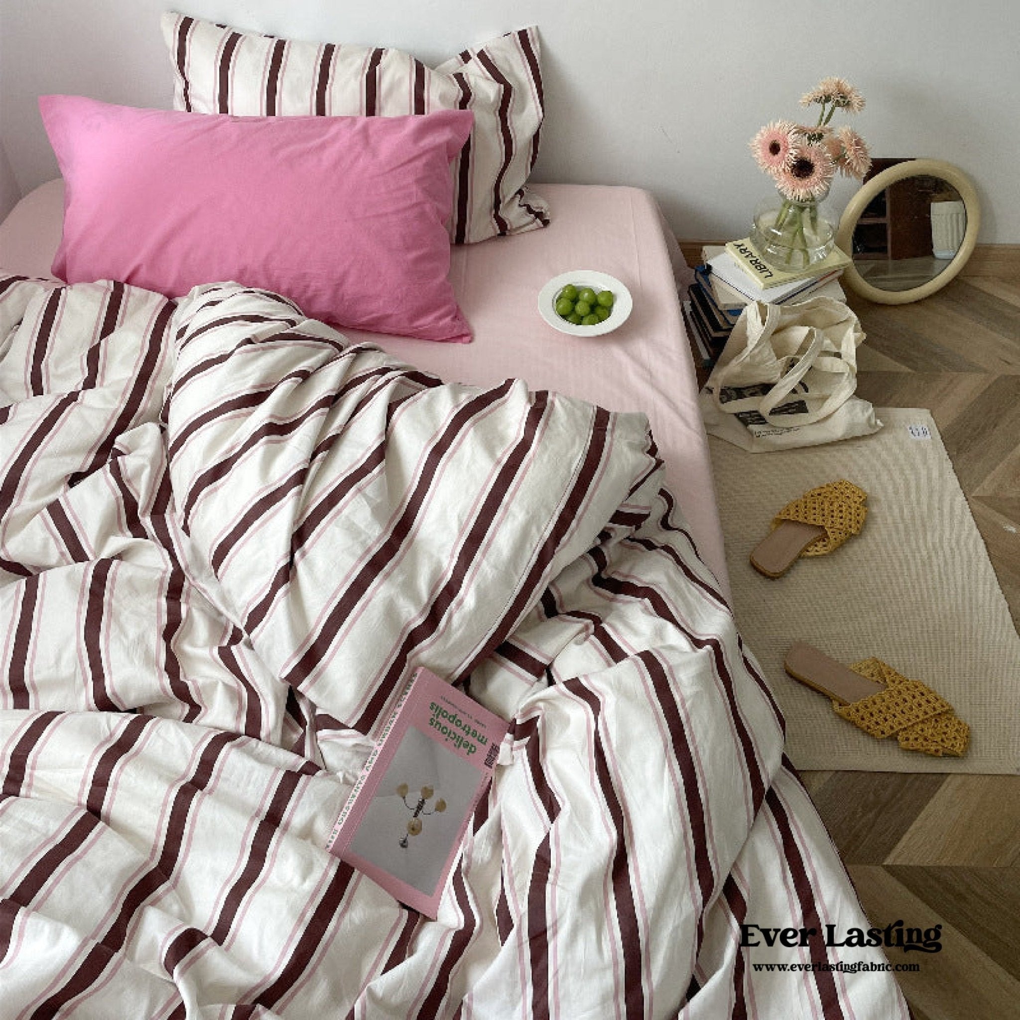 Cozy Washed Cotton Striped Bedding Set / Pink - Ever Lasting