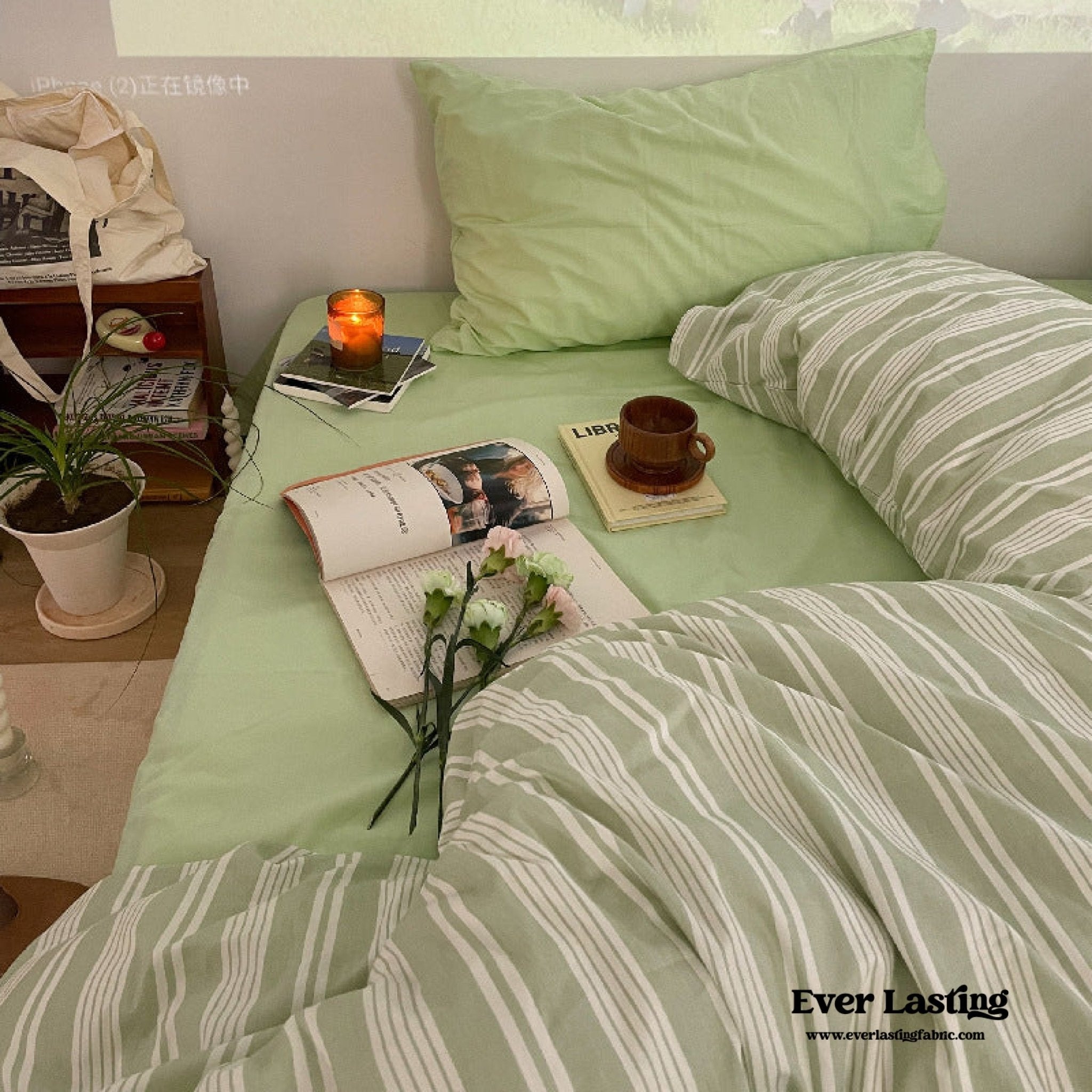 Cozy Washed Cotton Striped Bedding Set / Pink - Ever Lasting